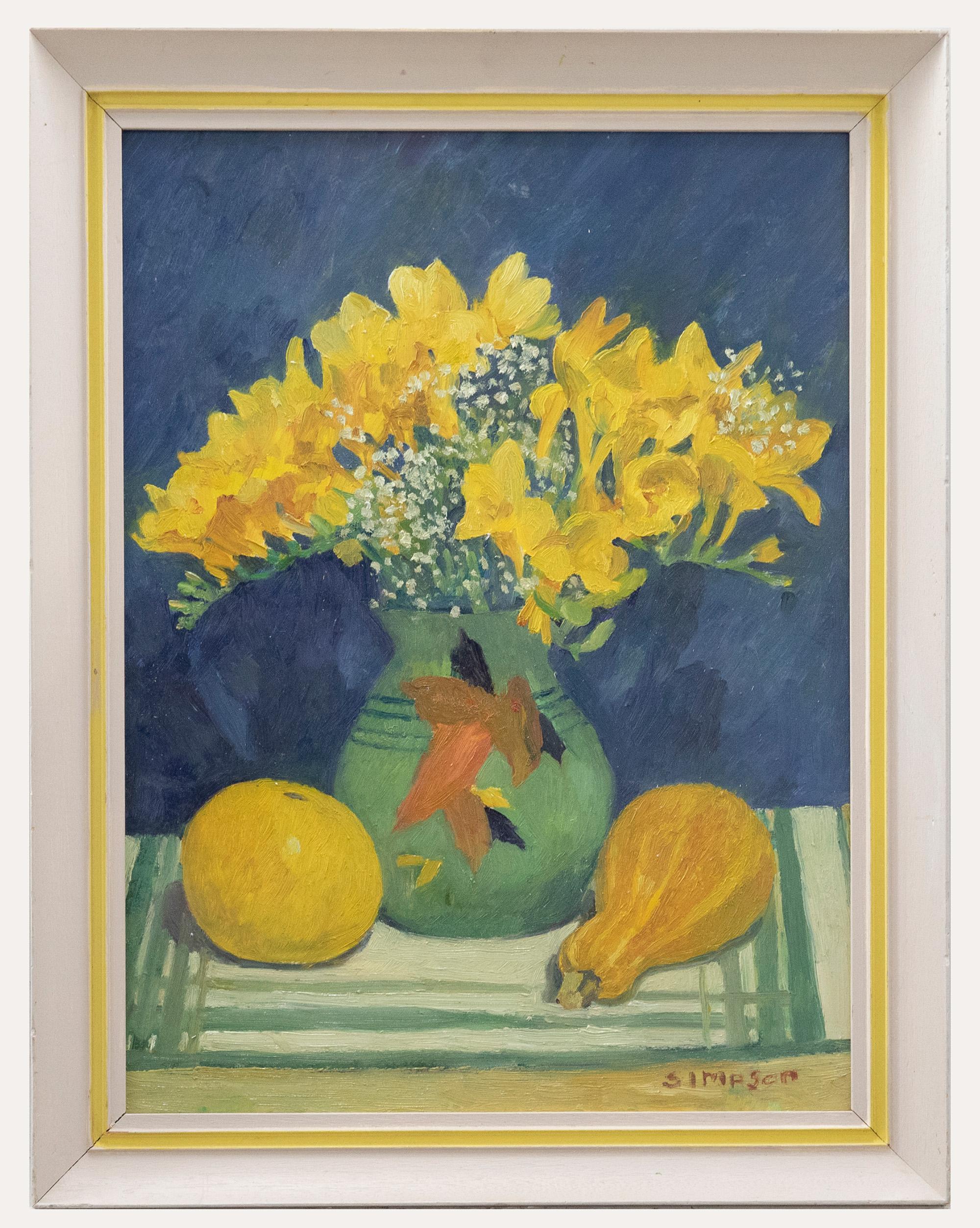 Unknown Still-Life Painting - J. Simpson - Contemporary Oil, Daffodils and Gypsophila