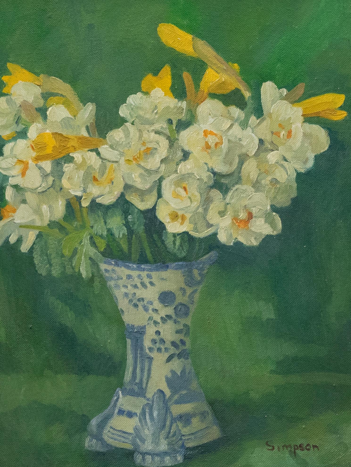 J. Simpson - Contemporary Oil, Daffodils in Ceramic Vase - Painting by Unknown