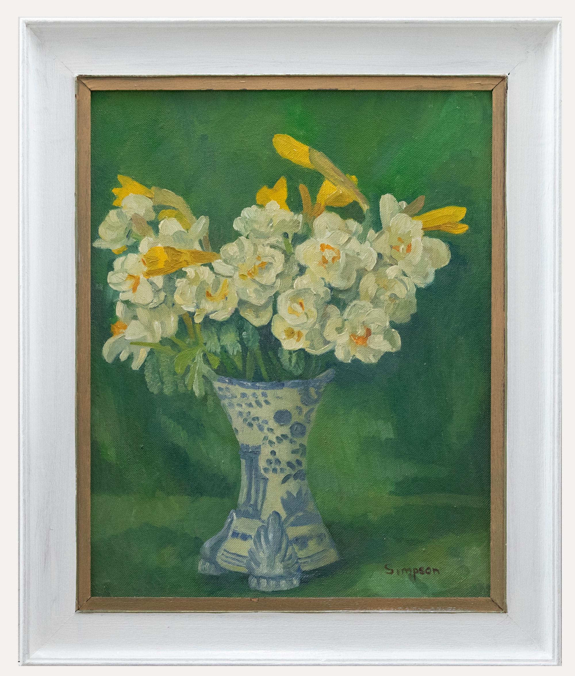 Unknown Still-Life Painting - J. Simpson - Contemporary Oil, Daffodils in Ceramic Vase