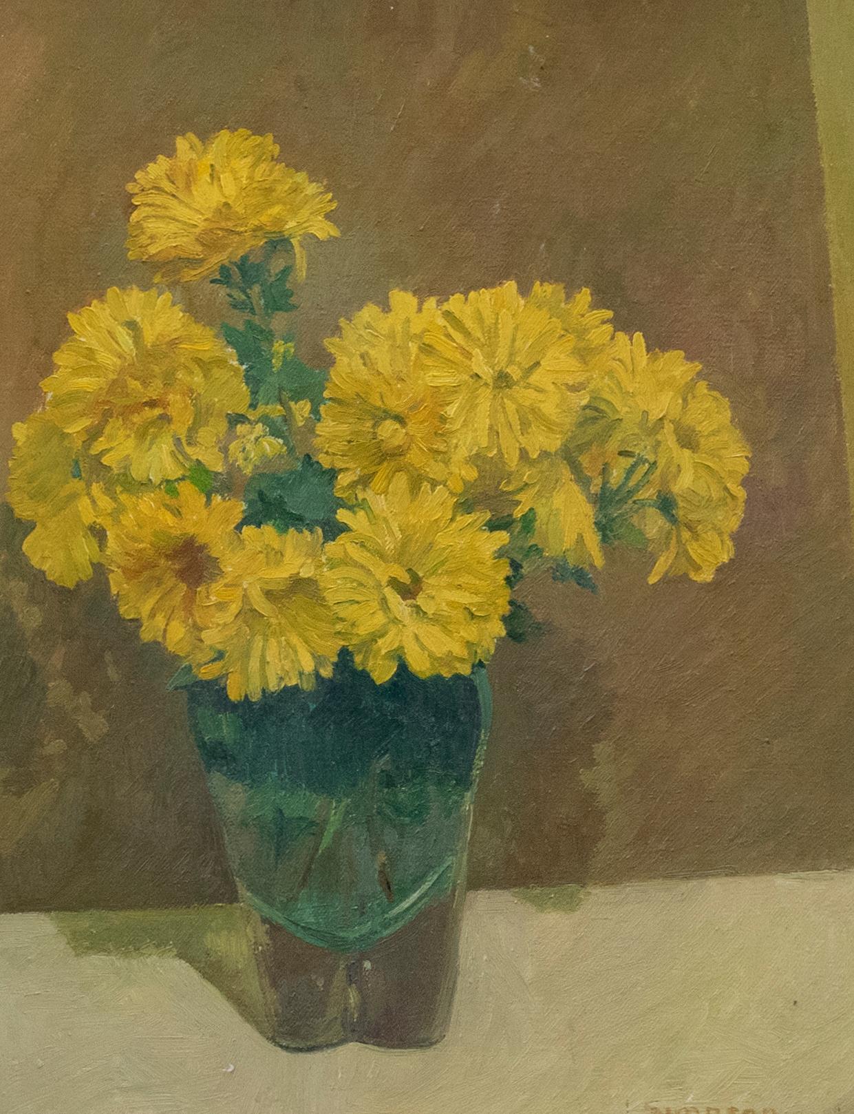 J. Simpson - Contemporary Oil, Yellow Chrysanthemums - Painting by Unknown