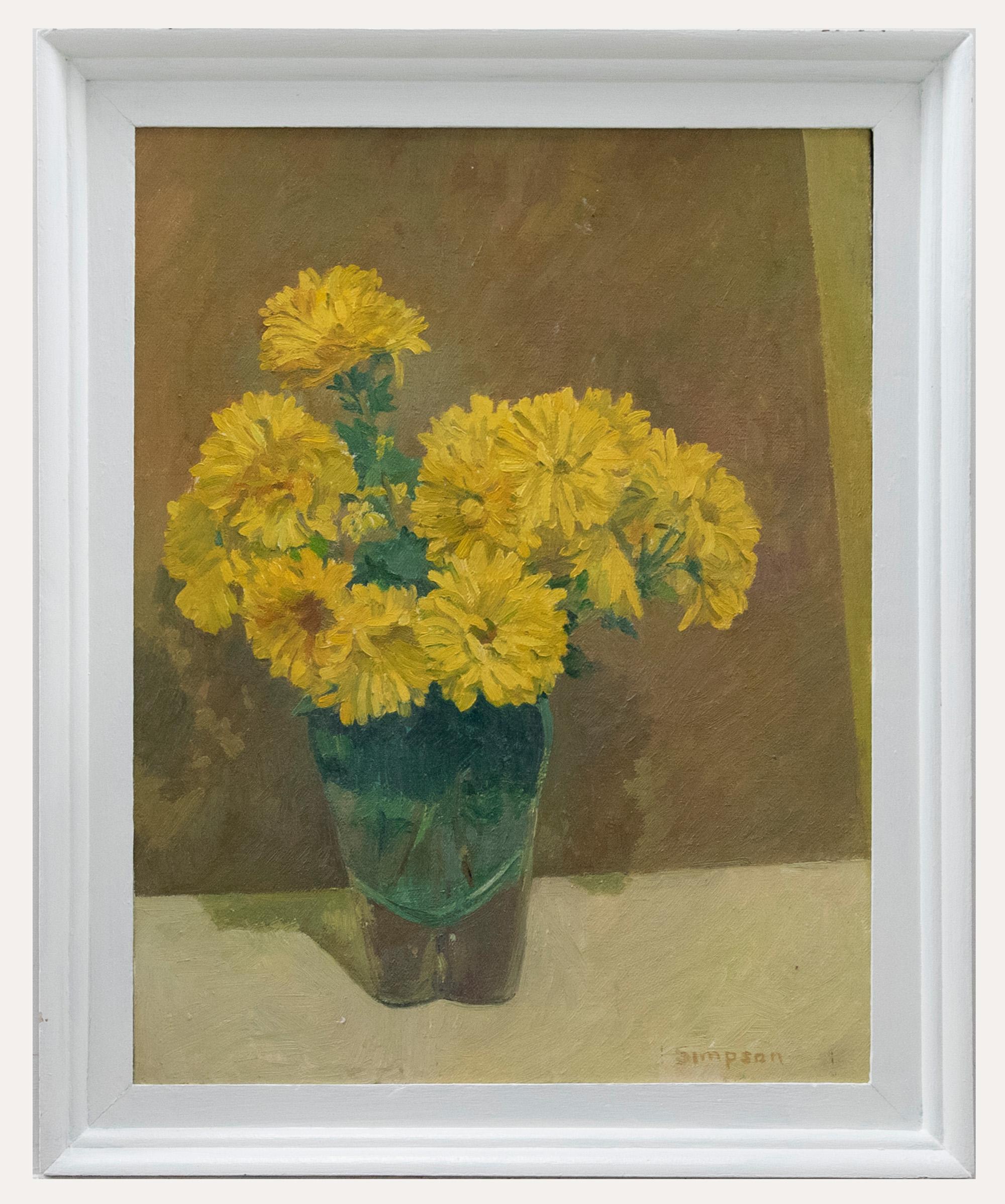 Unknown Still-Life Painting - J. Simpson - Contemporary Oil, Yellow Chrysanthemums