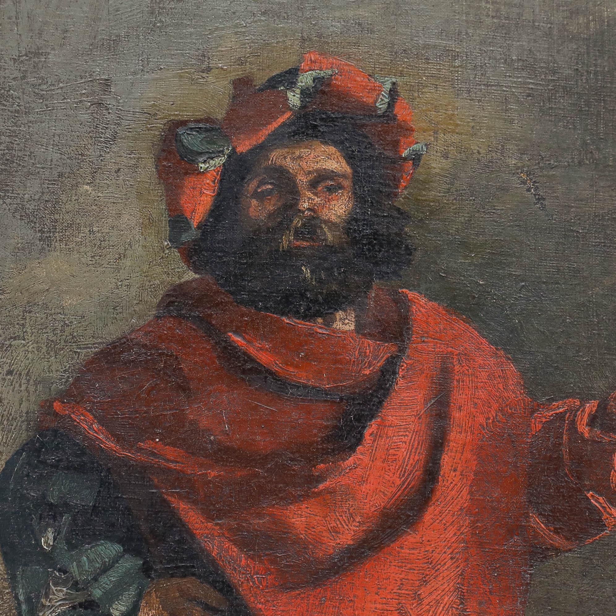 A charming depiction of a man in Elizabethan costume dressed as Falstaff, a fictional character who features in three of Shakespeare's plays.

Signed and dated to the upper left. Presented in a wooden frame with a gilt slip. On canvas. 