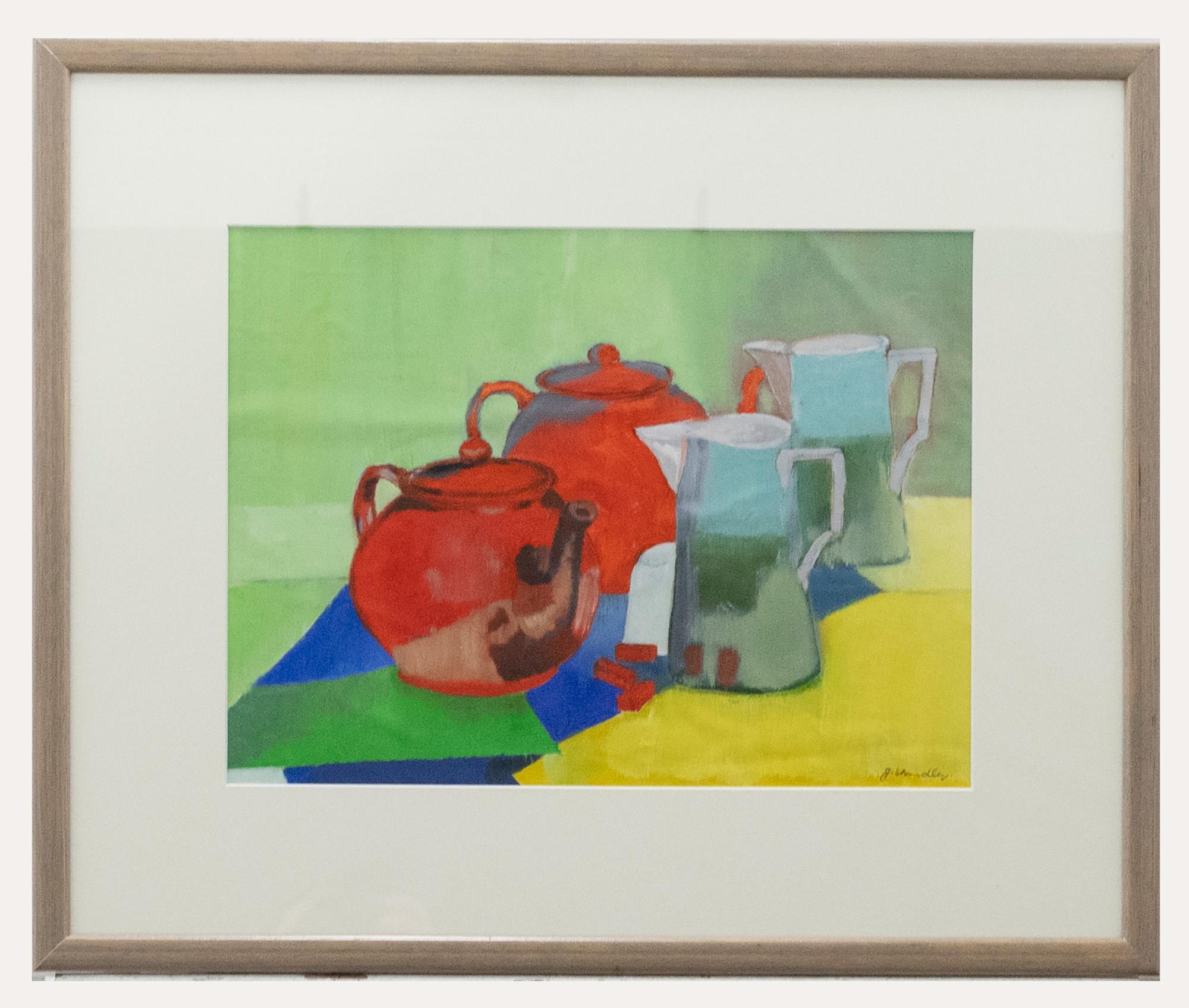 Unknown Still-Life Painting - J. Standley - Contemporary Oil, The Red Teapots