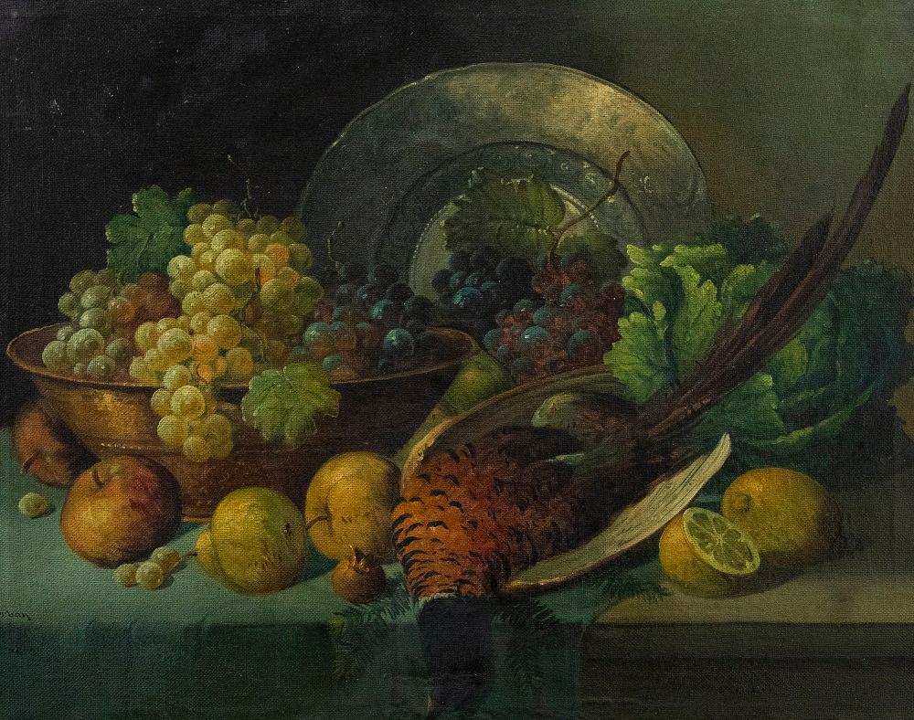 Still-Life Painting Unknown - J. Urban - Fin du 19e siècle Huile, nature morte, fruits et faisan
