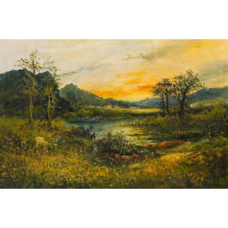 J. Wallace - Frühes 20. Jahrhundert Öl, Fischen bei Sonnenuntergang – Painting von Unknown