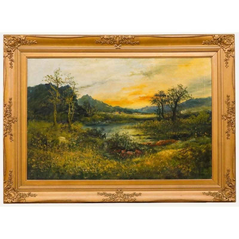 J. Wallace - Frühes 20. Jahrhundert Öl, Fischen bei Sonnenuntergang