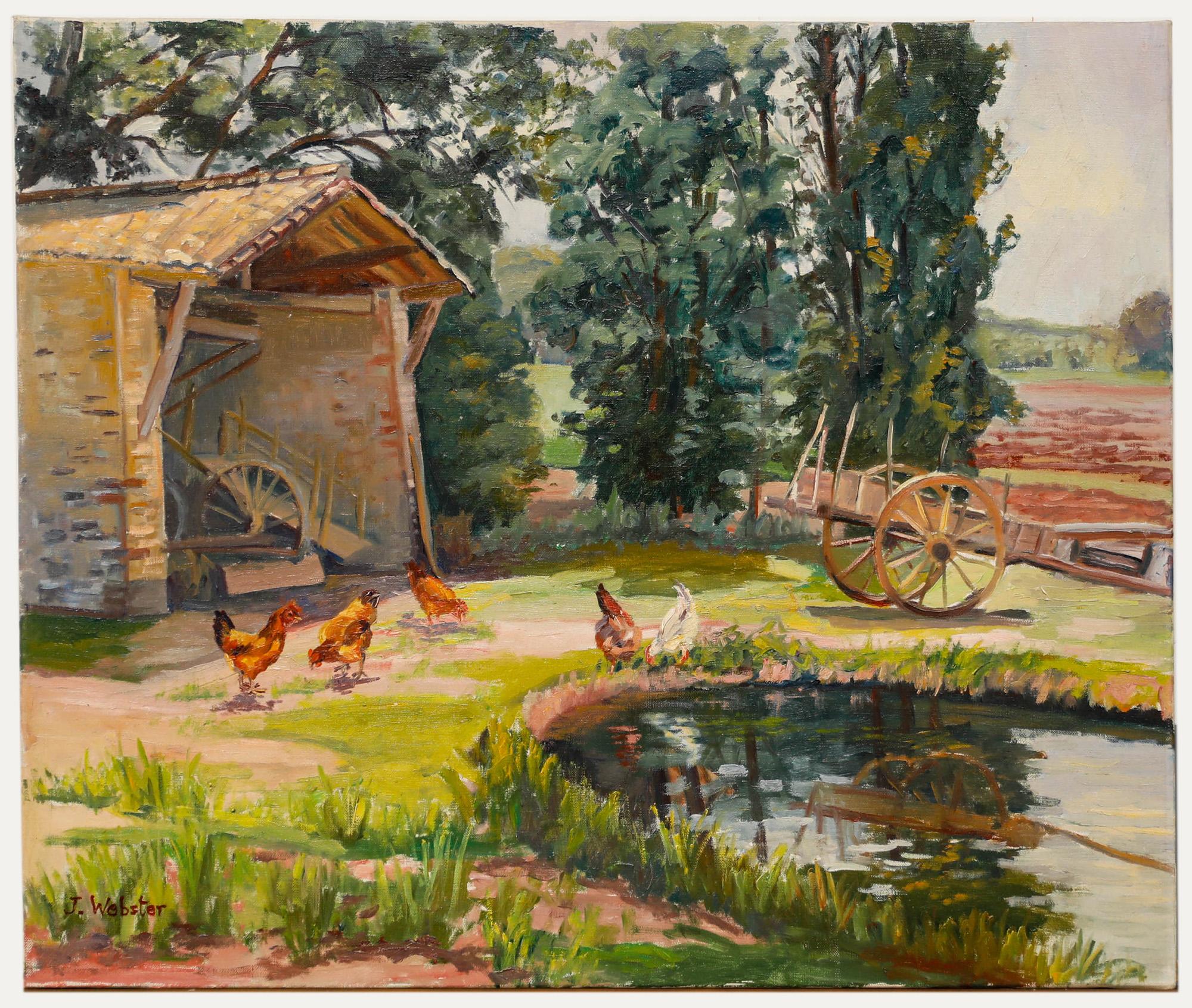 Unknown Landscape Painting – J. Webster  Ölgemälde des 20. Jahrhunderts, Hühner des Teichs