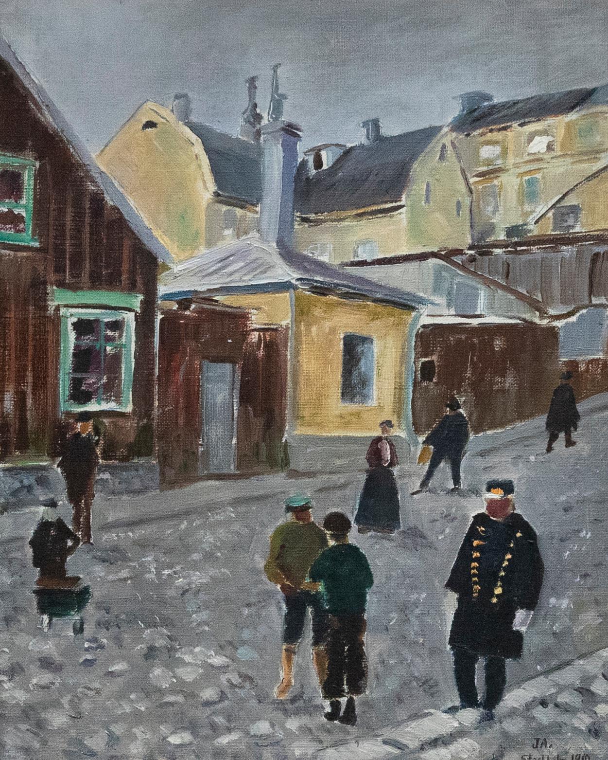 J.A - Framed 20th Century Oil, A Cobbled Street in Stockholm - Painting by Unknown