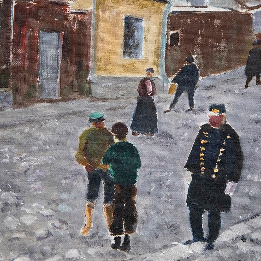 J.A - Framed 20th Century Oil, A Cobbled Street in Stockholm For Sale 1