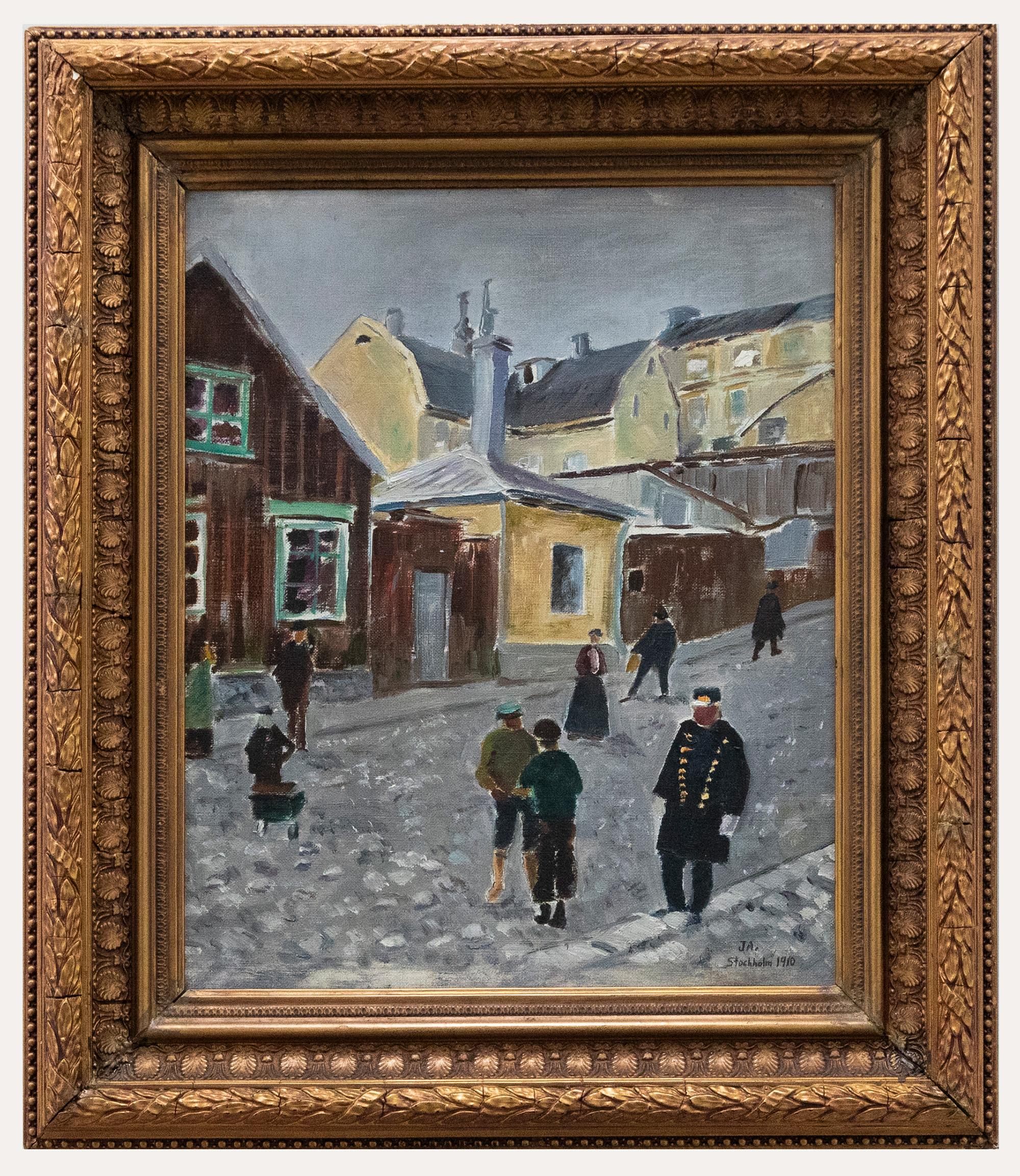 Unknown Landscape Painting - J.A - Framed 20th Century Oil, A Cobbled Street in Stockholm