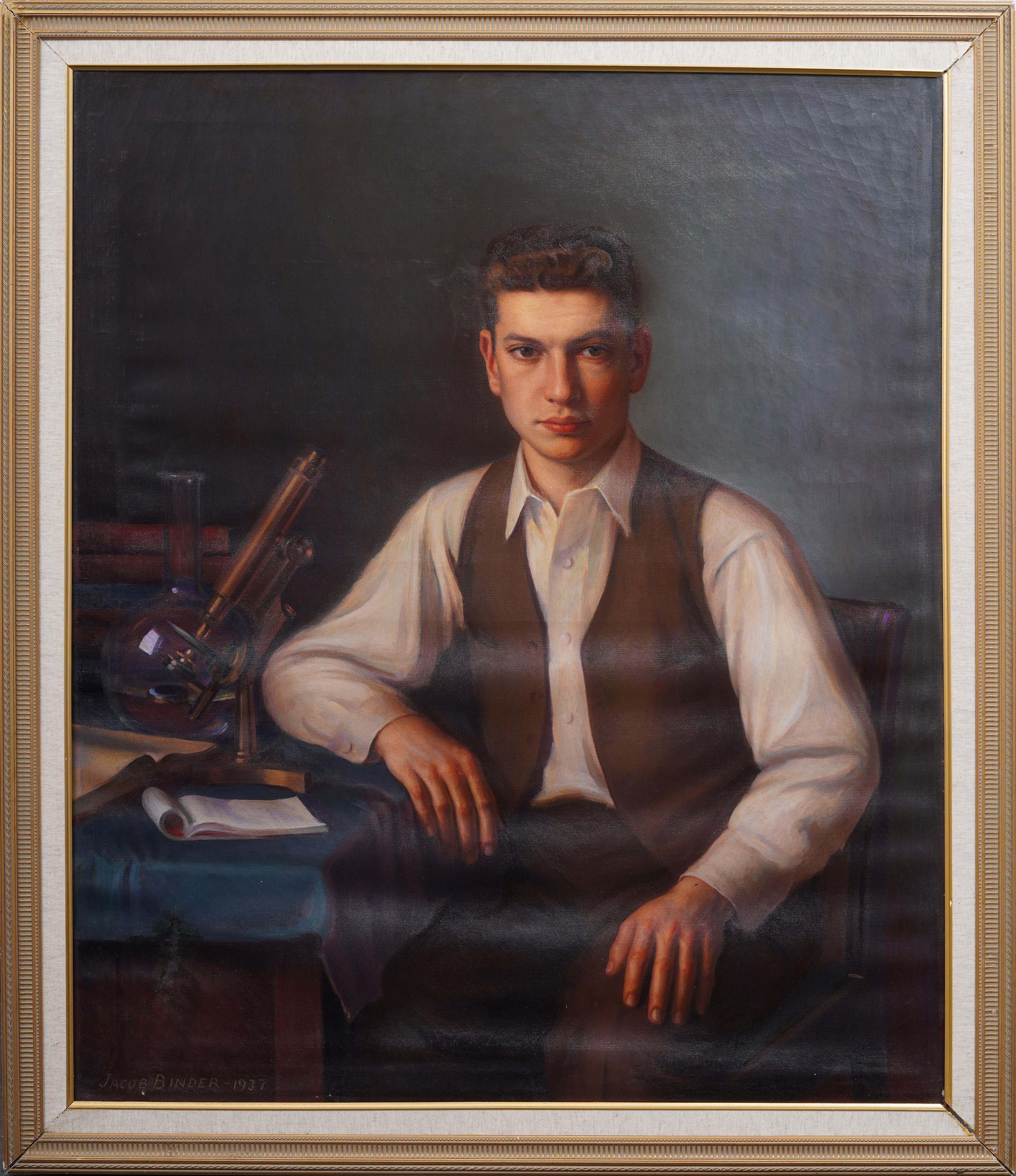 Unknown Interior Painting - Jacob Binder Signed 1937 Signed American Realist Handsome Male Portrait Painting