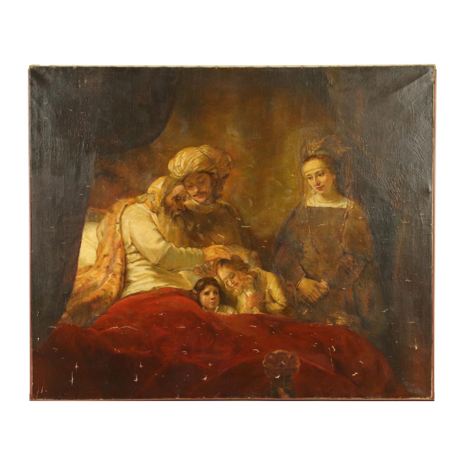 Unknown Figurative Painting - Jacob Blessing the Sons of Joseph Oil On Canvas 19th Century