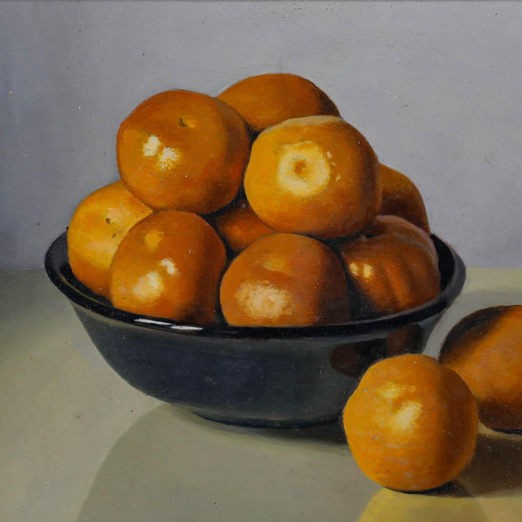 A classic-looking still life, painted with a modern twist by French artist Jacques Blanchard (1912-1992). Elegant soft fruits have been exquisitely captured in a dark bowl, with a few additional clementines scattered beside it on a reflective
