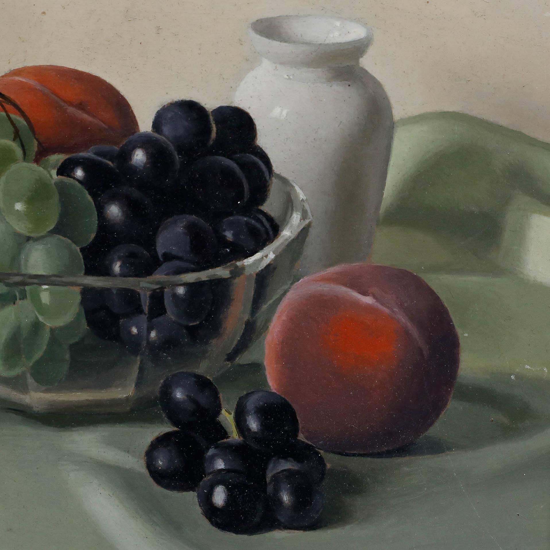 A classic-looking still life, painted with a modern twist by French artist Jacques Blanchard (1912-1992). Elegant soft fruits have been exquisitely captured in a glass bowl, with a few additional fruits scattered beside it on a green tablecloth. The