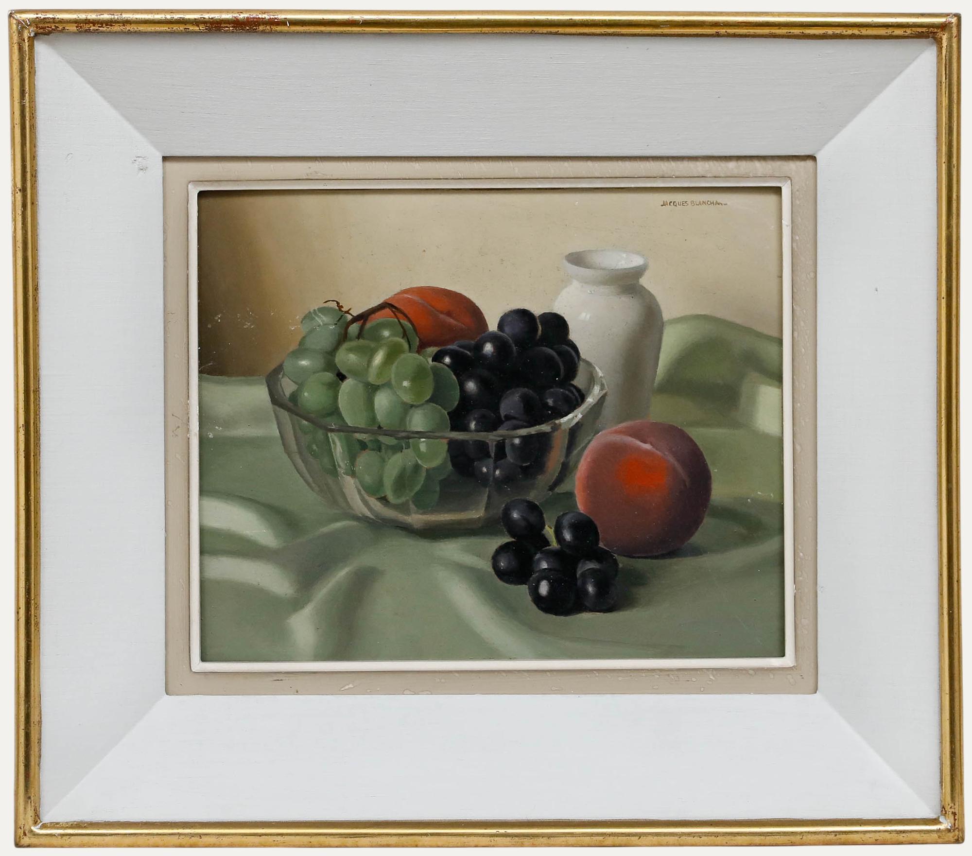 Unknown Still-Life Painting - Jacques Blanchard (1912-1992) - 20th Century Oil, Still Life with Grapes