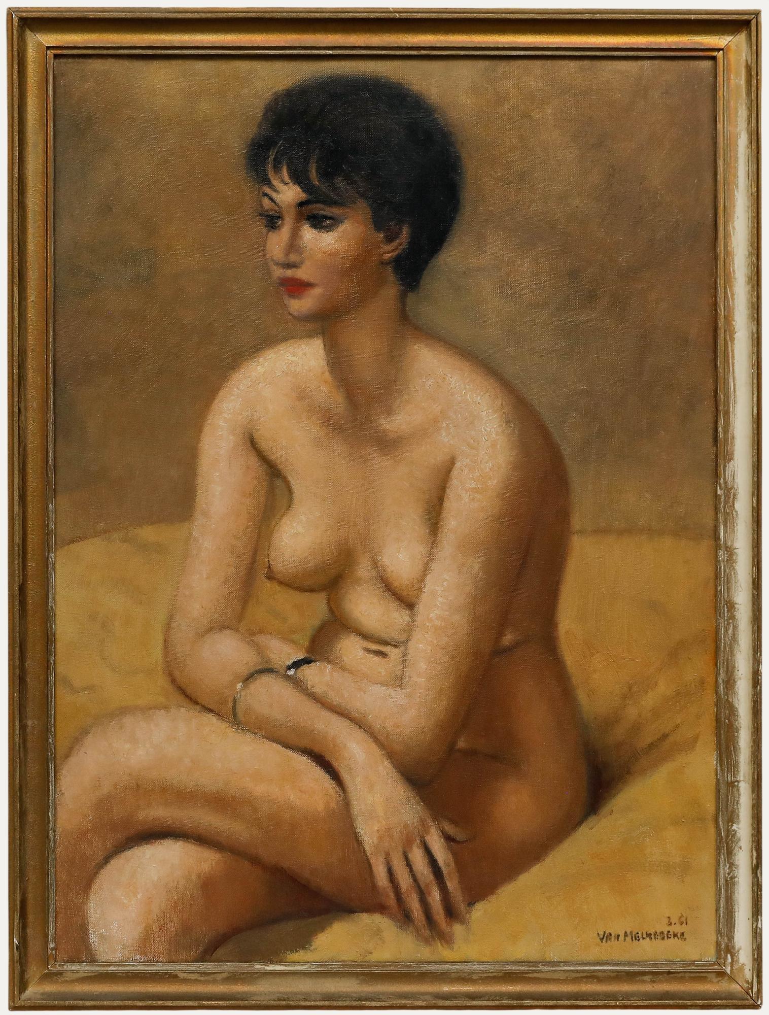 Nude Painting Unknown - Jacques Van Melkebeke (1904-1983) - Huile encadrée du milieu du 20e siècle, Nu assis