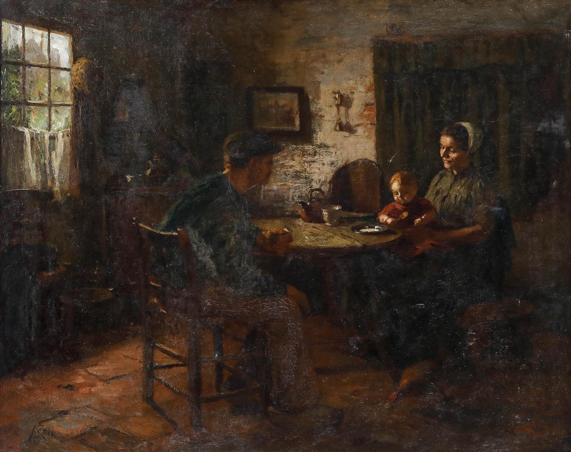 Jacques Zon (1872-1932) - Framed 1909 Oil, Gathered at the Table - Painting by Unknown
