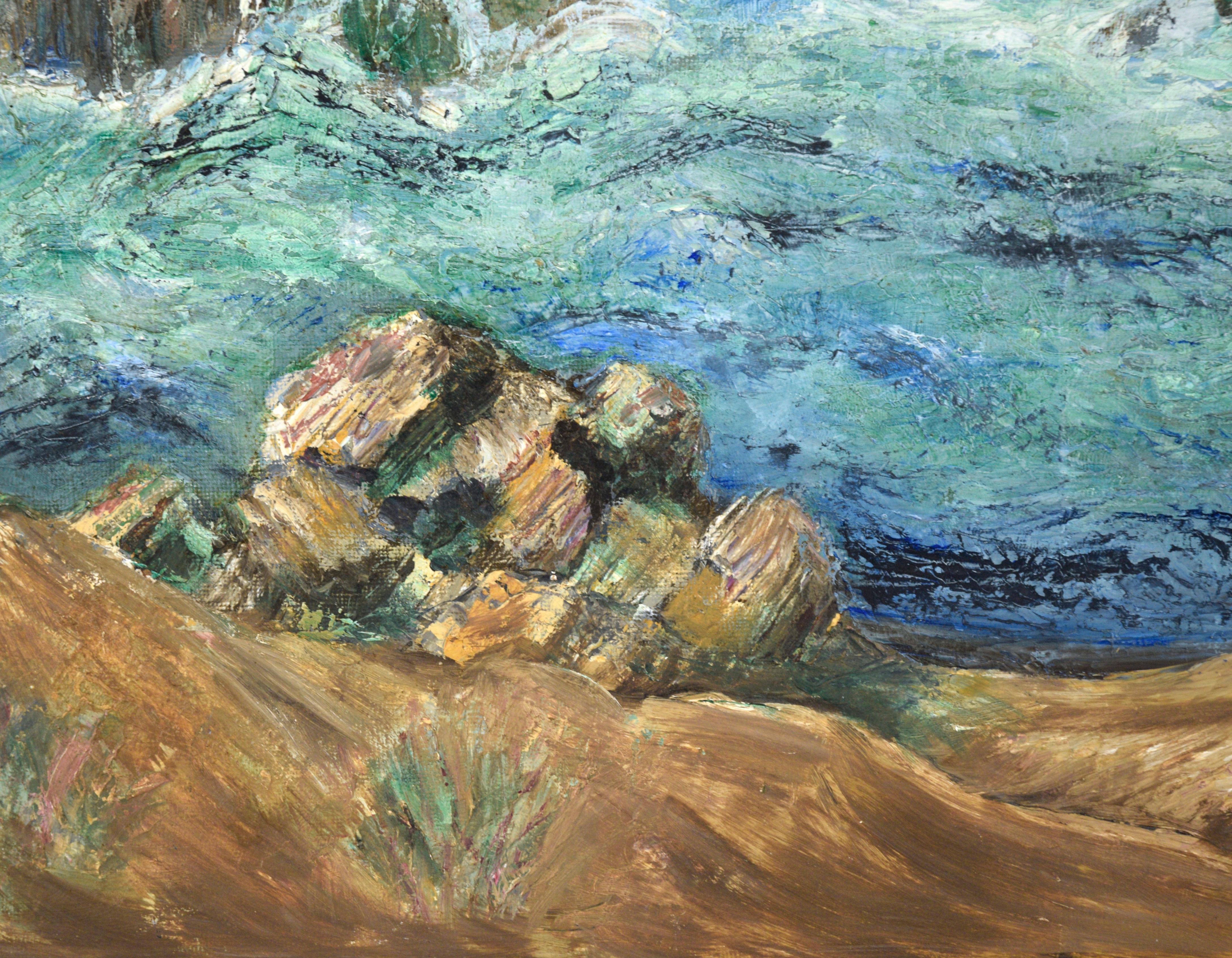 Jagged Rocks in the Sea - Mid Century Seascape in Oil - Impressionist Painting by Unknown