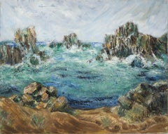 Vintage Jagged Rocks in the Sea - Mid Century Seascape in Oil