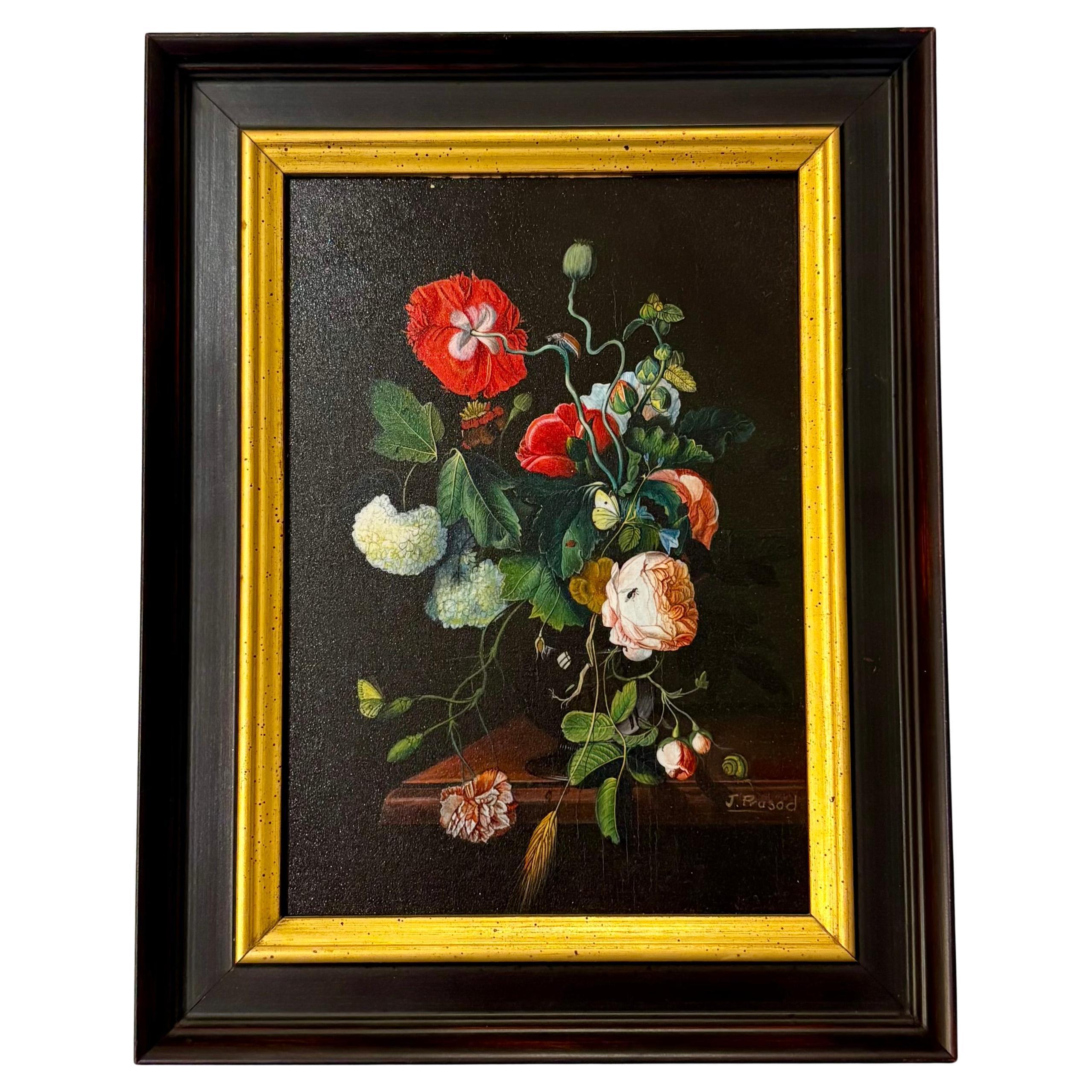 Still-Life Painting Unknown - Jaggu Prasad "Nature morte aux fleurs" Huile sur panneau, peinture de réalisme floral