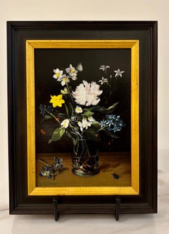 Jaggu Prasad "Vase mit Wildblumen und Insekten" Öl auf Karton, 9" x 7"