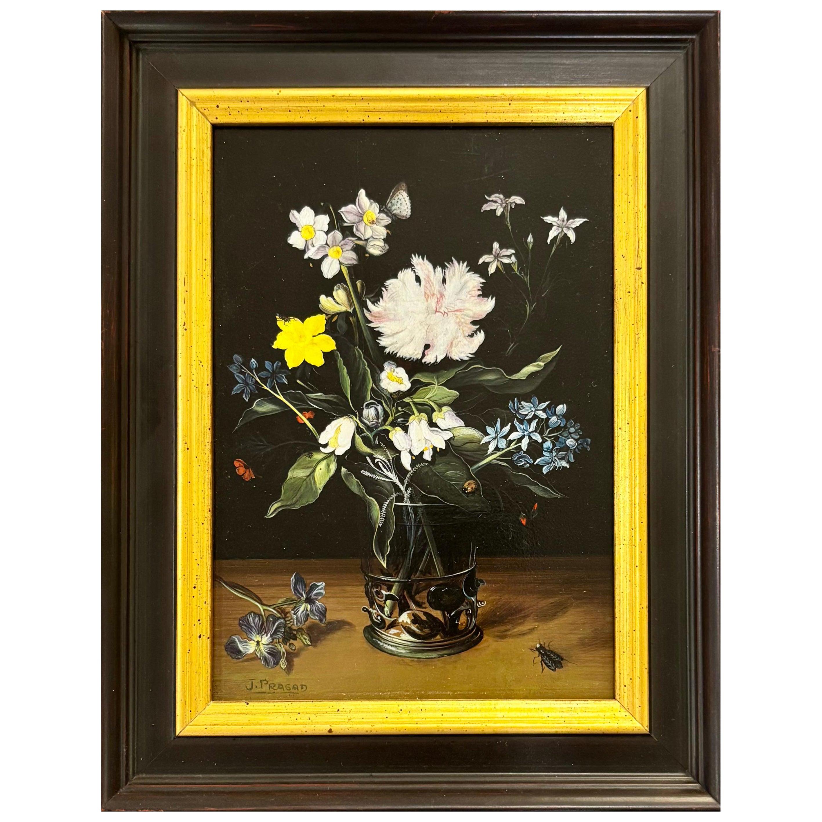 Still-Life Painting Unknown - Jaggu Prasad "Vase avec fleurs sauvages et insectes" Huile sur panneau, 9" x 7"