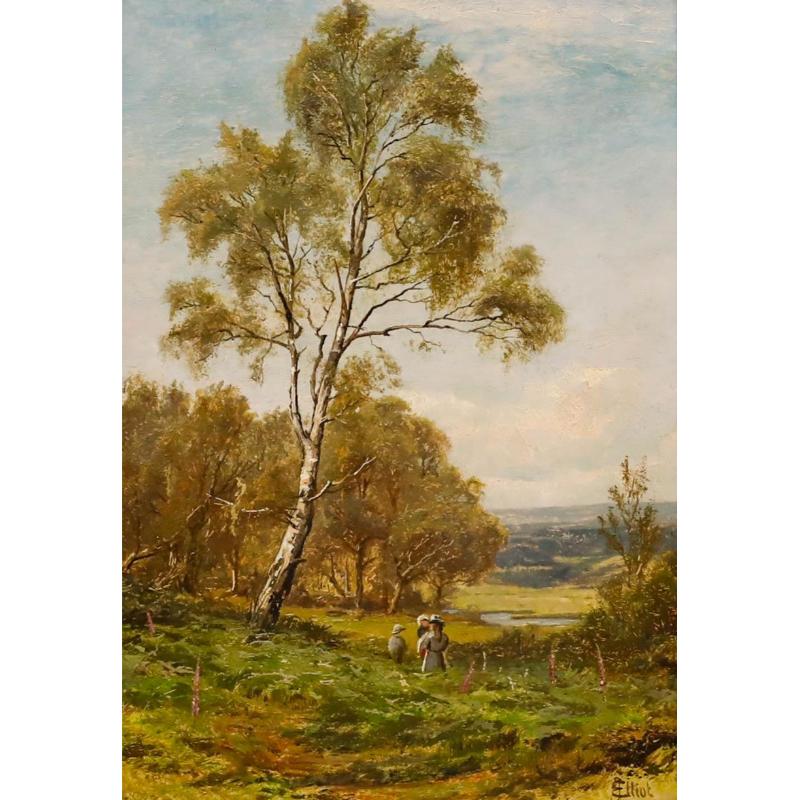 James Elliot (né en 1850) - Huile encadrée de la fin du XIXe siècle, Une promenade à la campagne - Painting de Unknown
