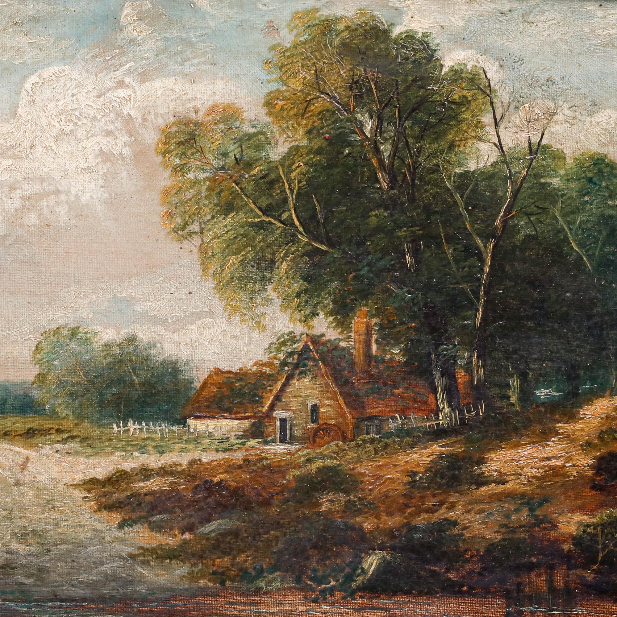 Dieses stimmungsvolle Landschaftsgemälde fängt eine ländliche Szene mit einer ausgewogenen Komposition aus Erde und Himmel ein. Der Künstler kontrastiert gekonnt das dunkle, dichte Laub und die Strukturen auf der rechten Seite mit dem weiten Himmel
