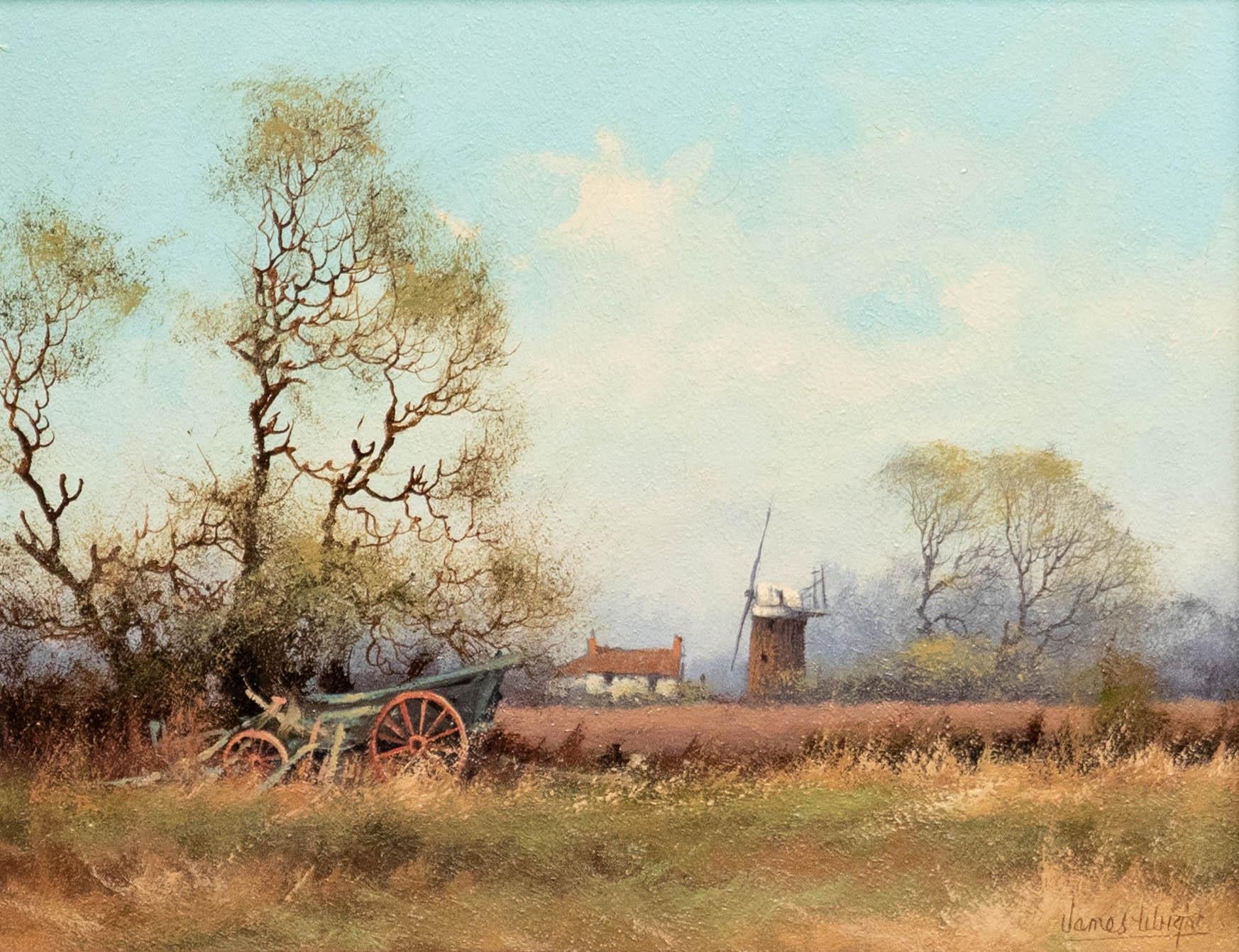 James Wright (nato nel 1935) - Olio del XX secolo con cornice, Paesaggio agricolo con mulino a vento - Painting di Unknown