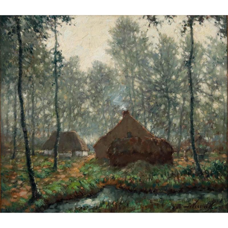 Jan Arie Versteeg (1877-1927) - Óleo enmarcado, Cabañas de paja en un bosque - Painting de Unknown