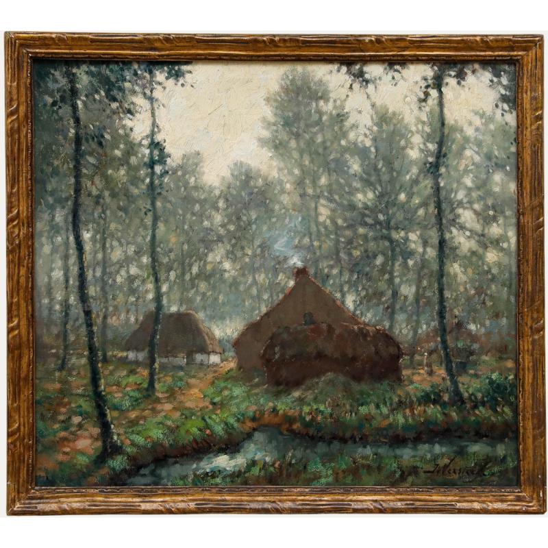 Landscape Painting de Unknown - Jan Arie Versteeg (1877-1927) - Óleo enmarcado, Cabañas de paja en un bosque