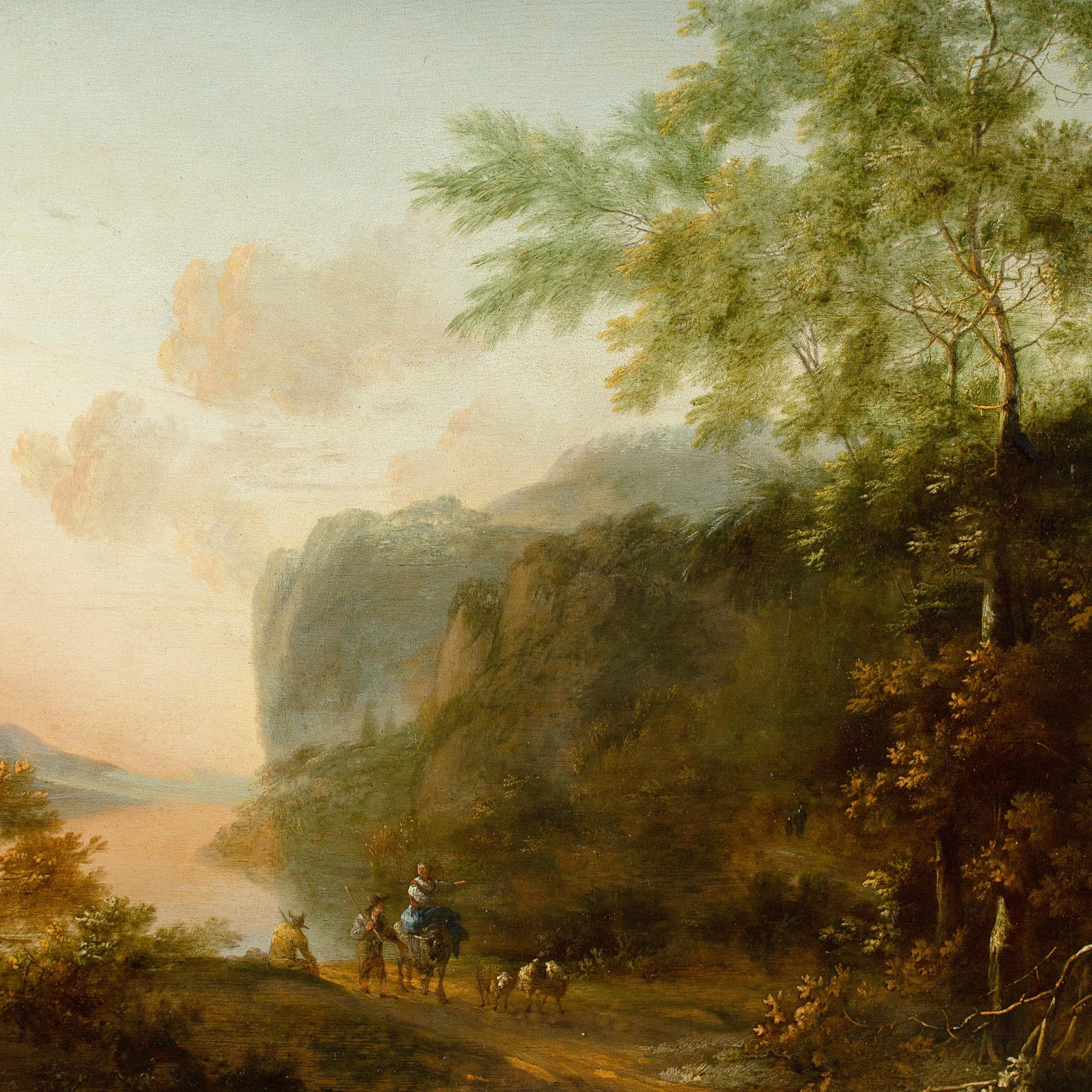 Este óleo holandés de principios del siglo XVIII representa figuras en un pintoresco paisaje fluvial a contraluz. Está influida por las obras de Jan Both (1615-1652).

Un sol que cae proyecta un resplandor atmosférico, representado en un suave