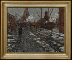 Jan de Clerck (1881-1962) - Framed 1918 Oil, A Winter Evening in the Dockyard
