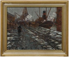 Jan de Clerck (1881-1962) - Framed 1918 Oil, A Winter Evening in the Dockyard
