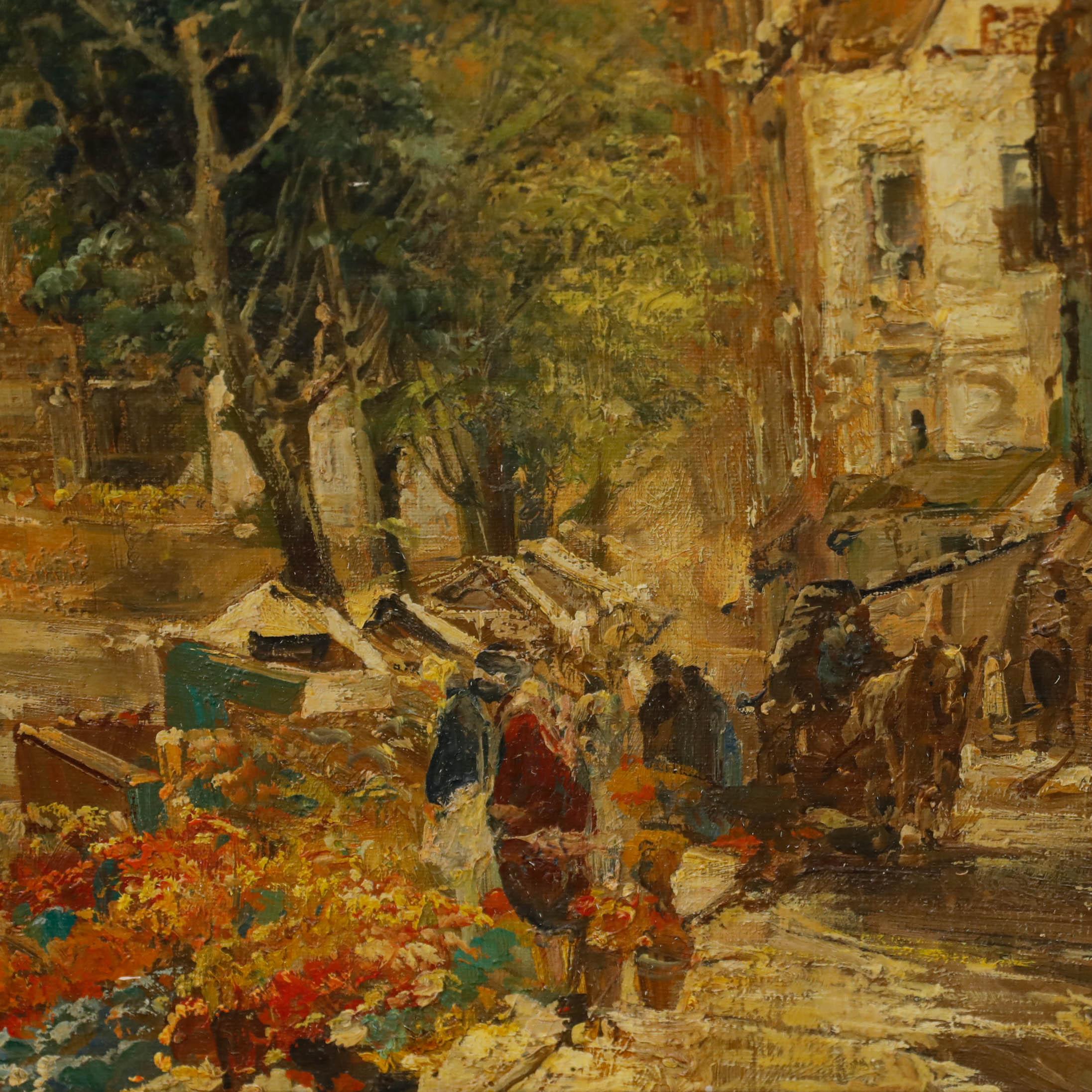 Questo suggestivo paesaggio urbano cattura la vivace vita di Culemborg, nei Paesi Bassi, con la sua architettura ornata, la guglia della chiesa e la vivace scena di strada. La pennellata sciolta dell'artista e la tavolozza di colori tenui creano un