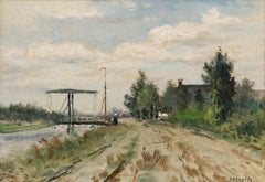 Jan Herman Coster (1846-1920) - Framed Oil, Dutch Landscape with a Drawbridge