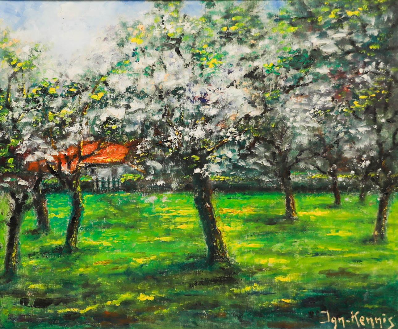 Jan-Kennis - Gerahmtes Ölgemälde des 20. Jahrhunderts, Orchard in Blüte, Gerahmt – Painting von Unknown