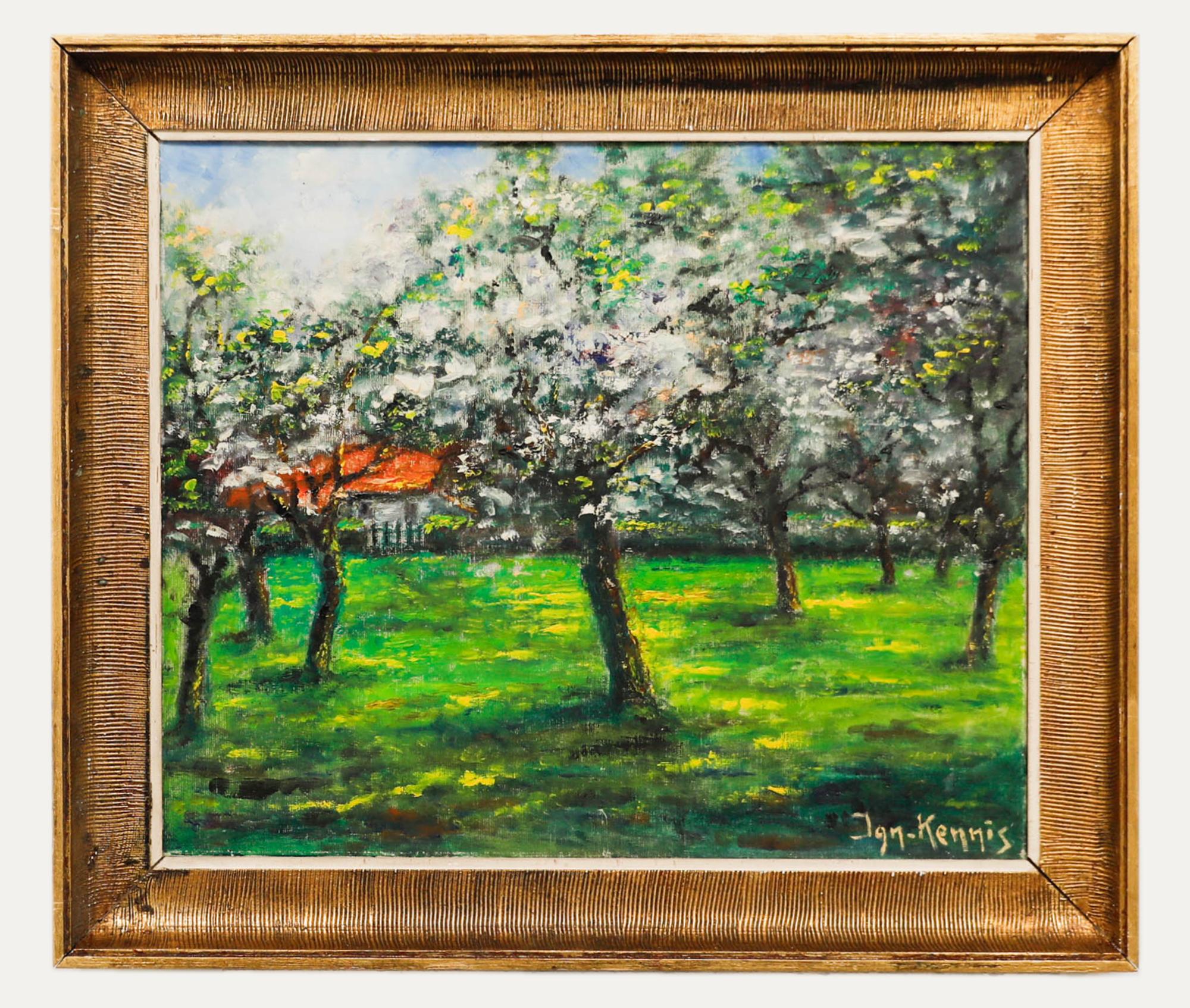 Unknown Landscape Painting – Jan-Kennis - Gerahmtes Ölgemälde des 20. Jahrhunderts, Orchard in Blüte, Gerahmt
