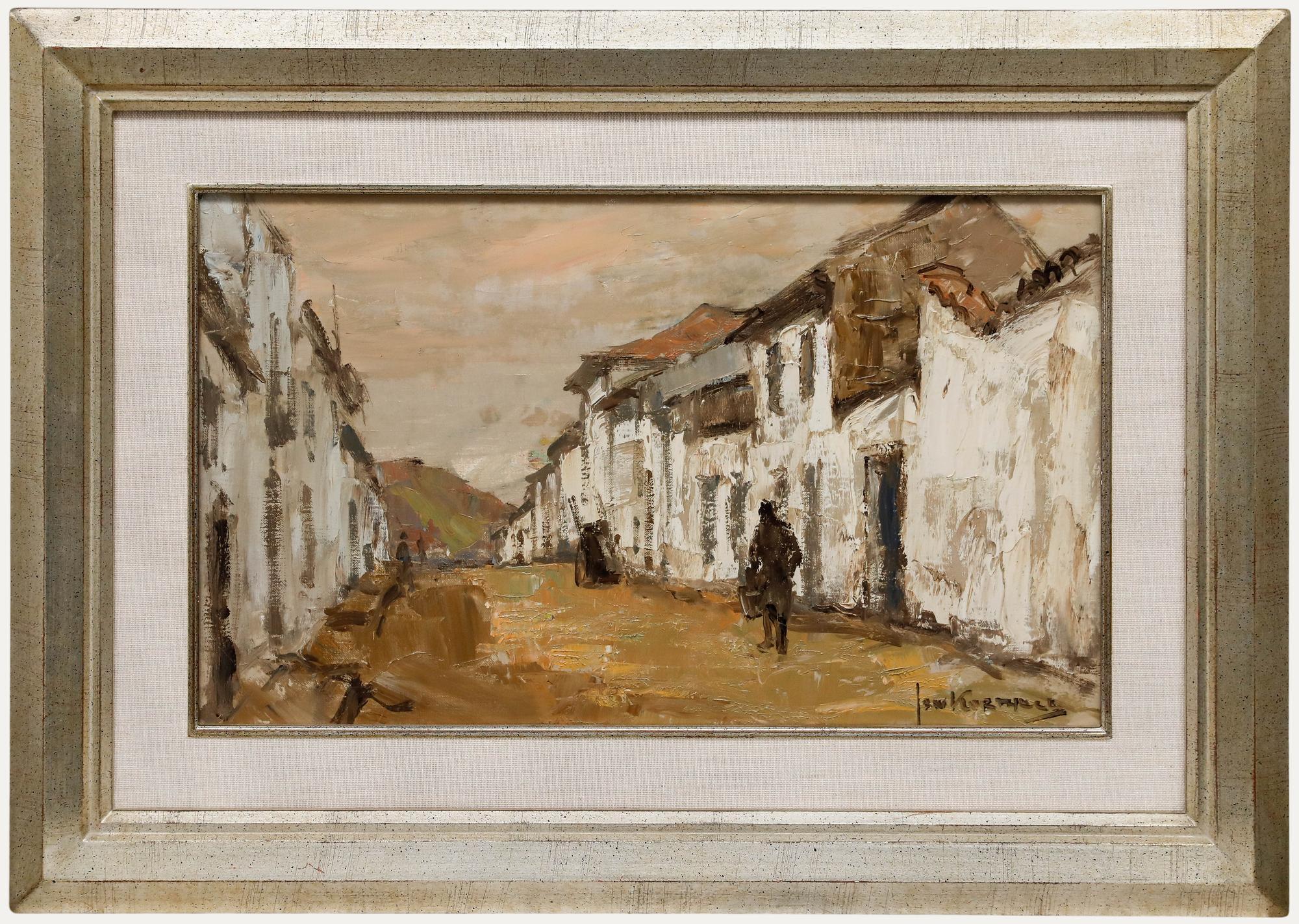 Jan Korthals (1916-1972) - Olio del XX secolo incorniciato, Figura in una strada