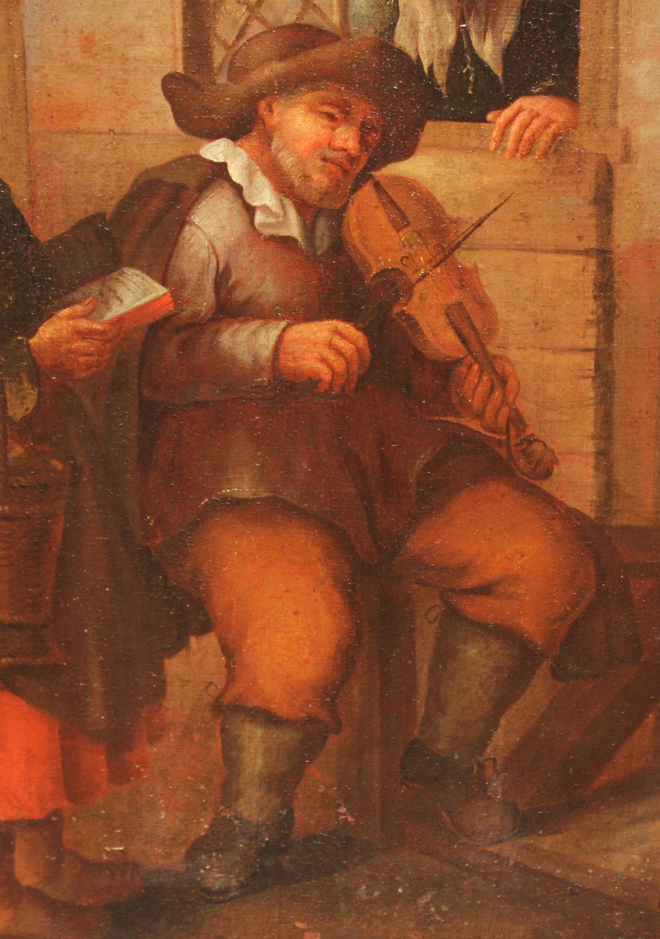 Jan Steen (1626-1679) Seguidor - Óleo sobre tela - El violinista y la aldeana For Sale 7