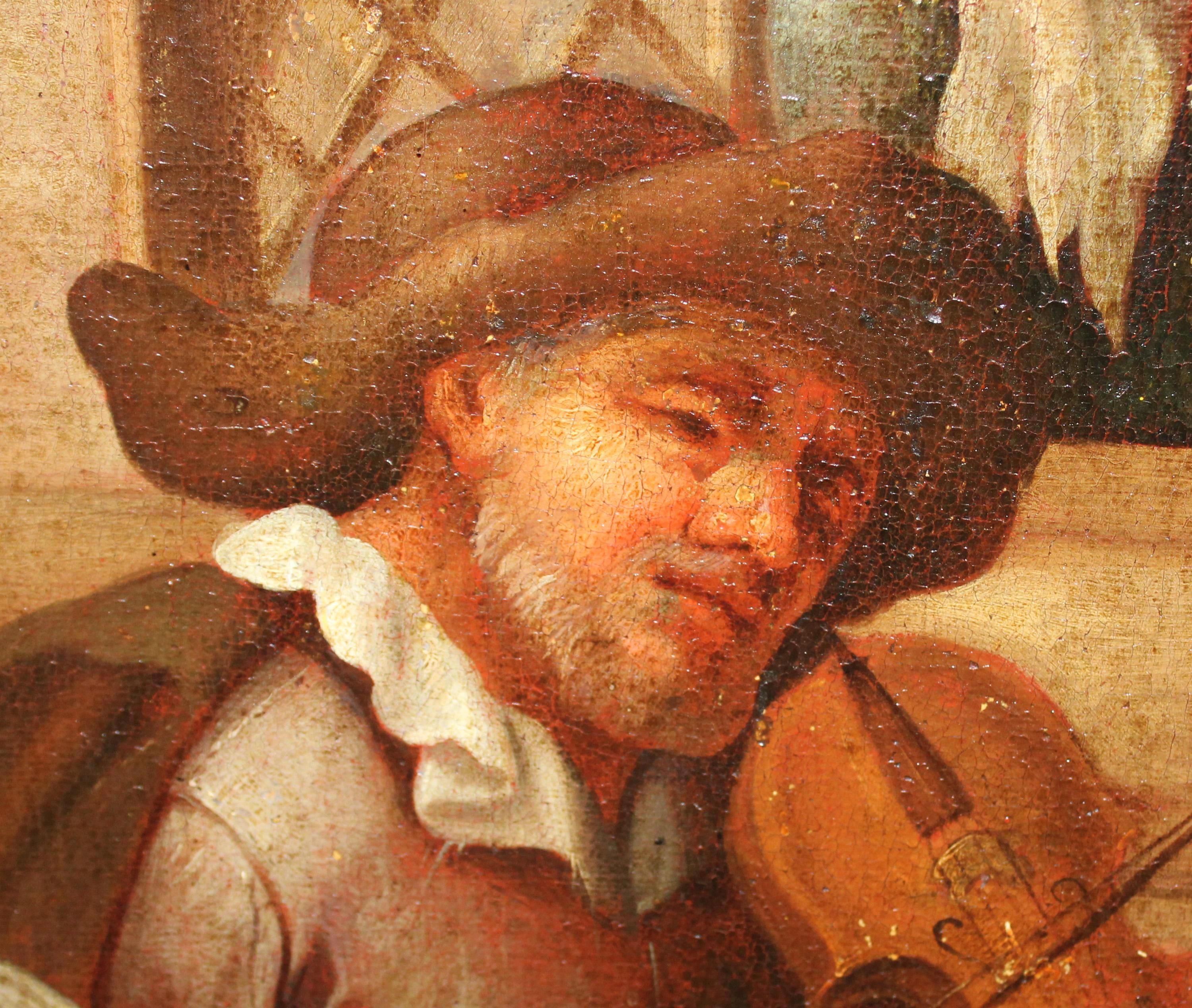 Jan Steen (1626-1679) Seguidor - Óleo sobre tela - El violinista y la aldeana For Sale 11