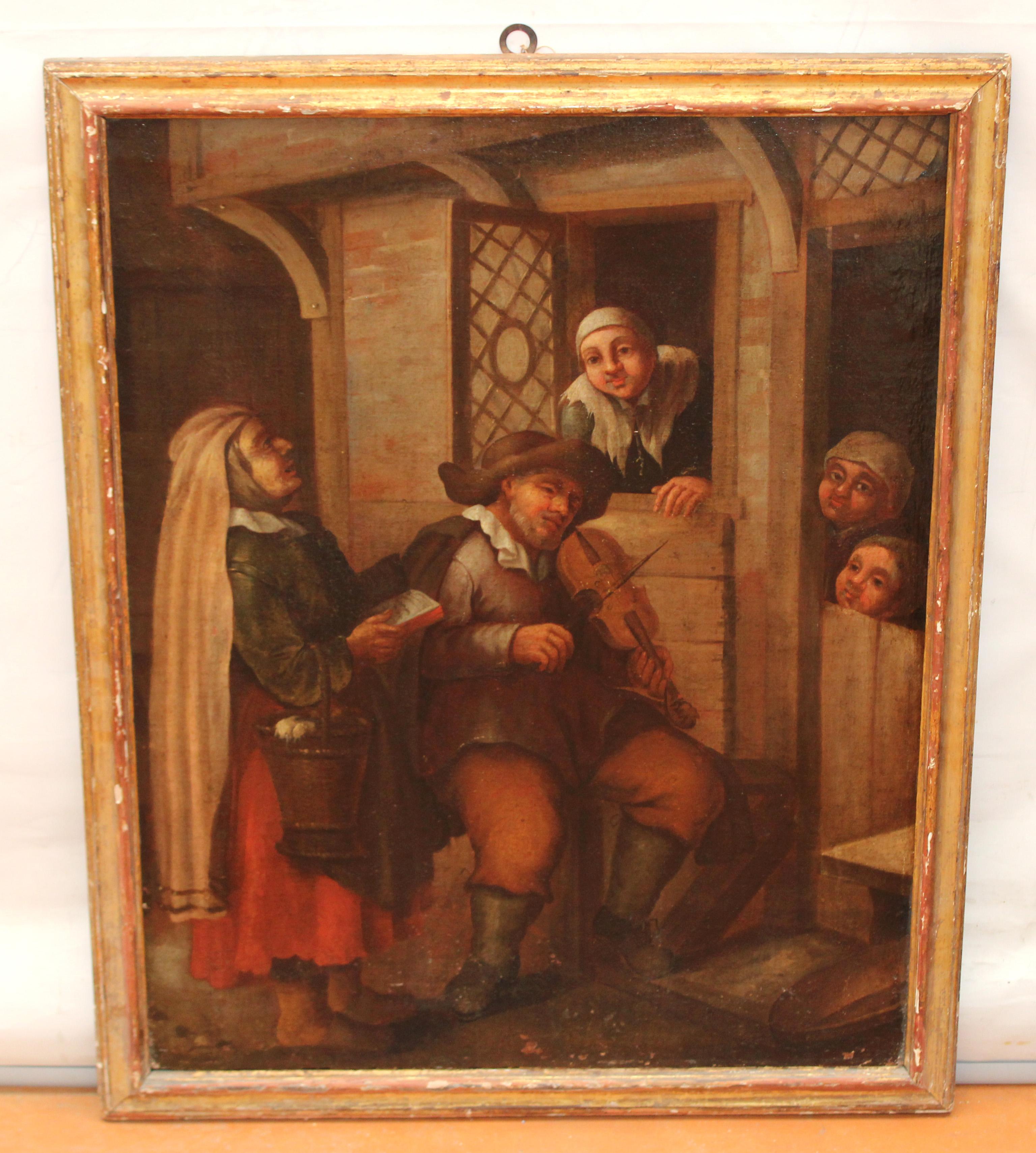 Jan Steen (1626-1679) Seguidor - Óleo sobre tela - El violinista y la aldeana - Painting by Unknown