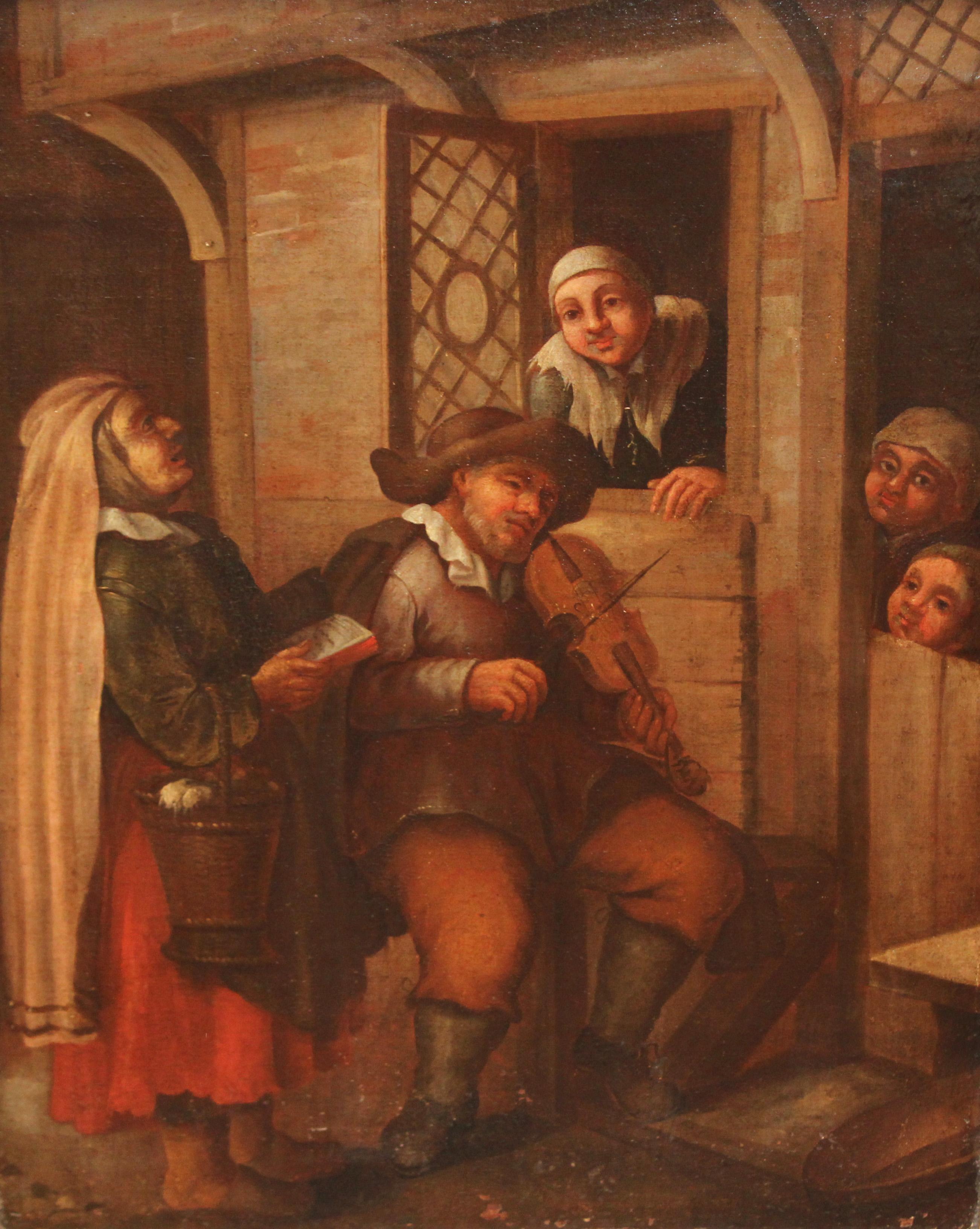 Unknown Figurative Painting - Jan Steen (1626-1679) Seguidor - Óleo sobre tela - El violinista y la aldeana
