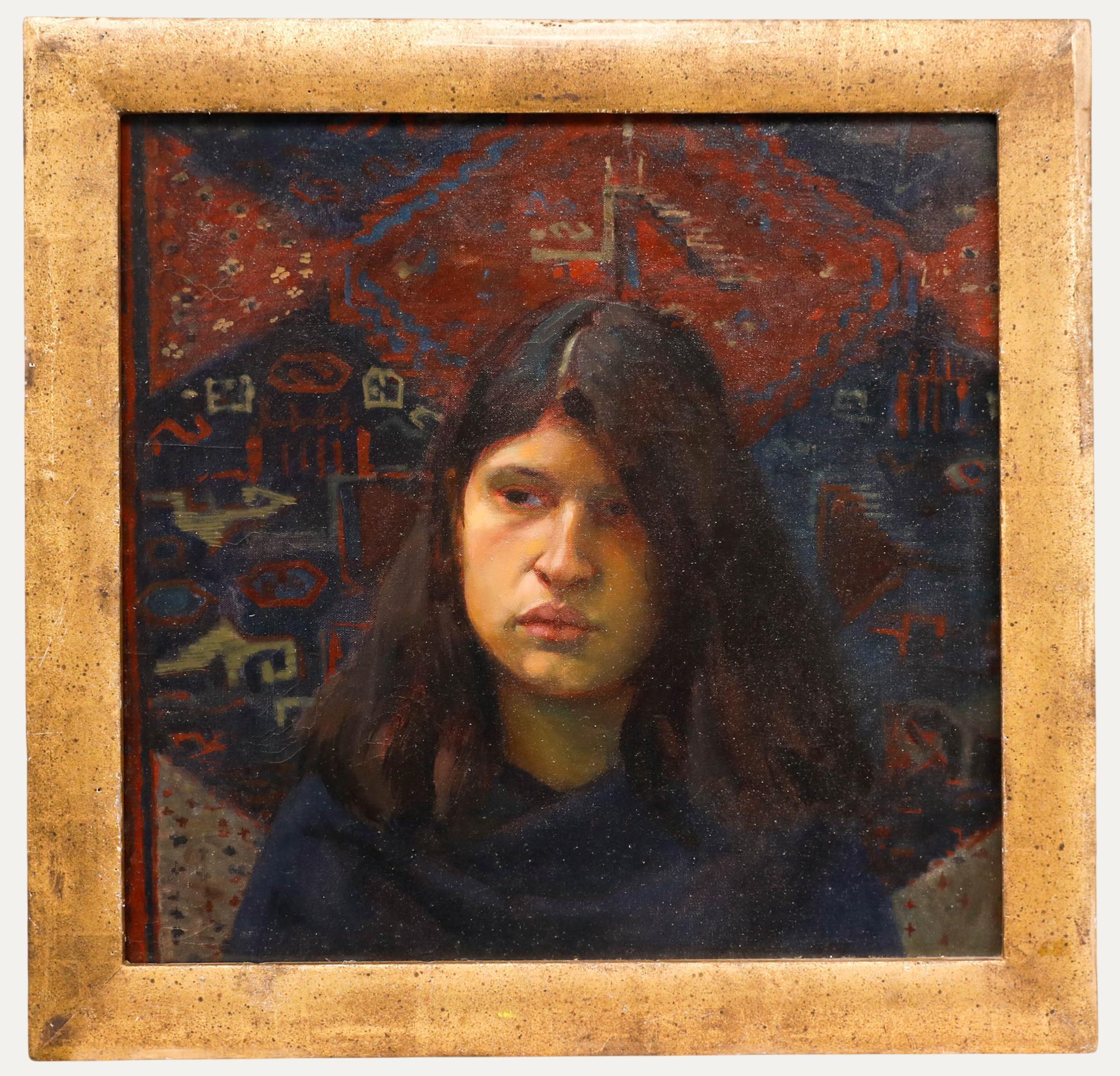 Unknown Portrait Painting - Jane Bond (b.1939) - 20th Century Oil, Girl and Tapestry