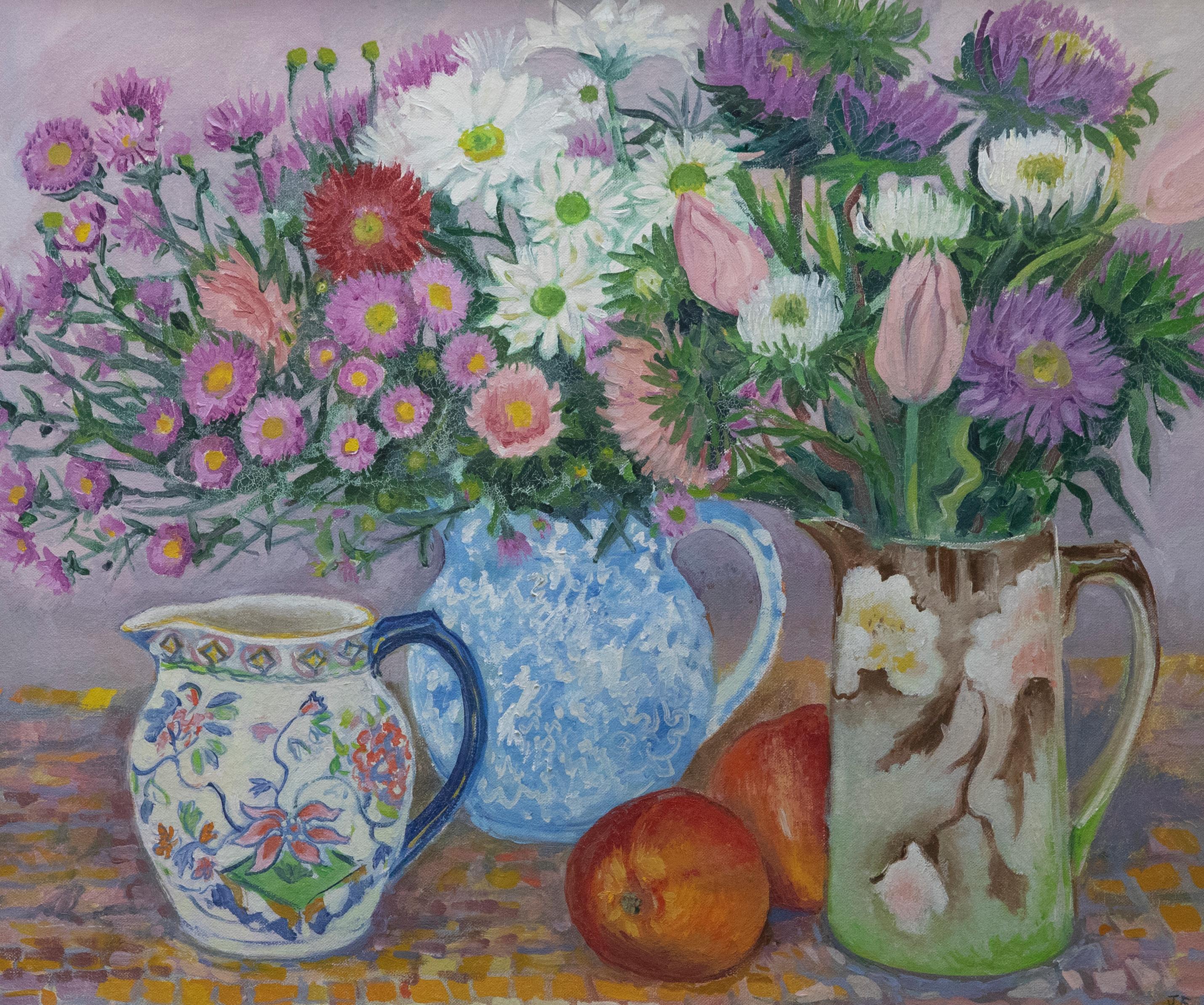 Janet Foreman - Framed 20th Century Oil, Still life of Flower jugs - Painting by Unknown