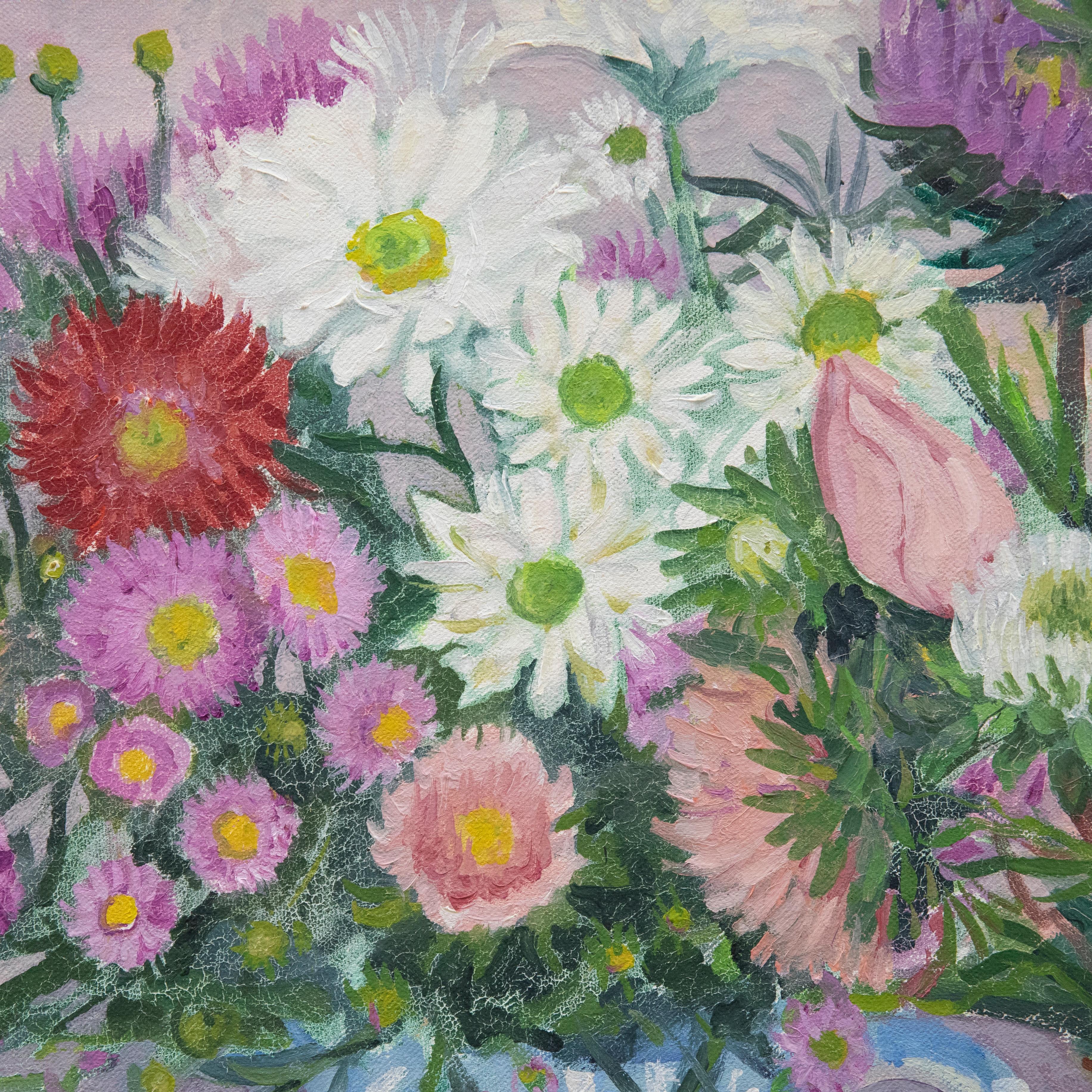 Pretty in pink- This vibrant study depicting a still life of spring flowers, arranged in several decorative ceramic jugs. The painting has been initialled to the lower right. Well-presented in a pale pink frame. On canvas on stretchers. 

