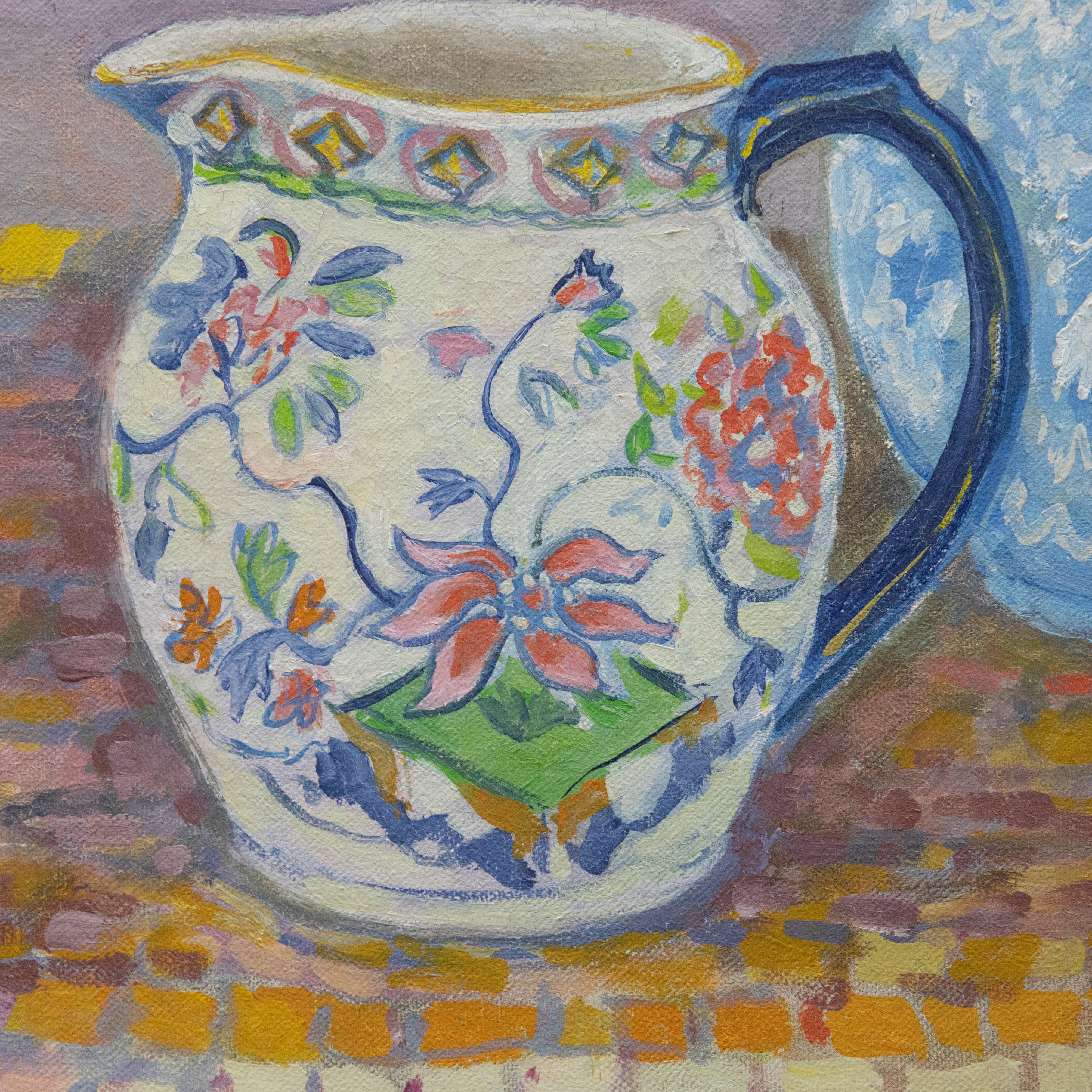 Janet Foreman - Framed 20th Century Oil, Still life of Flower jugs For Sale 1