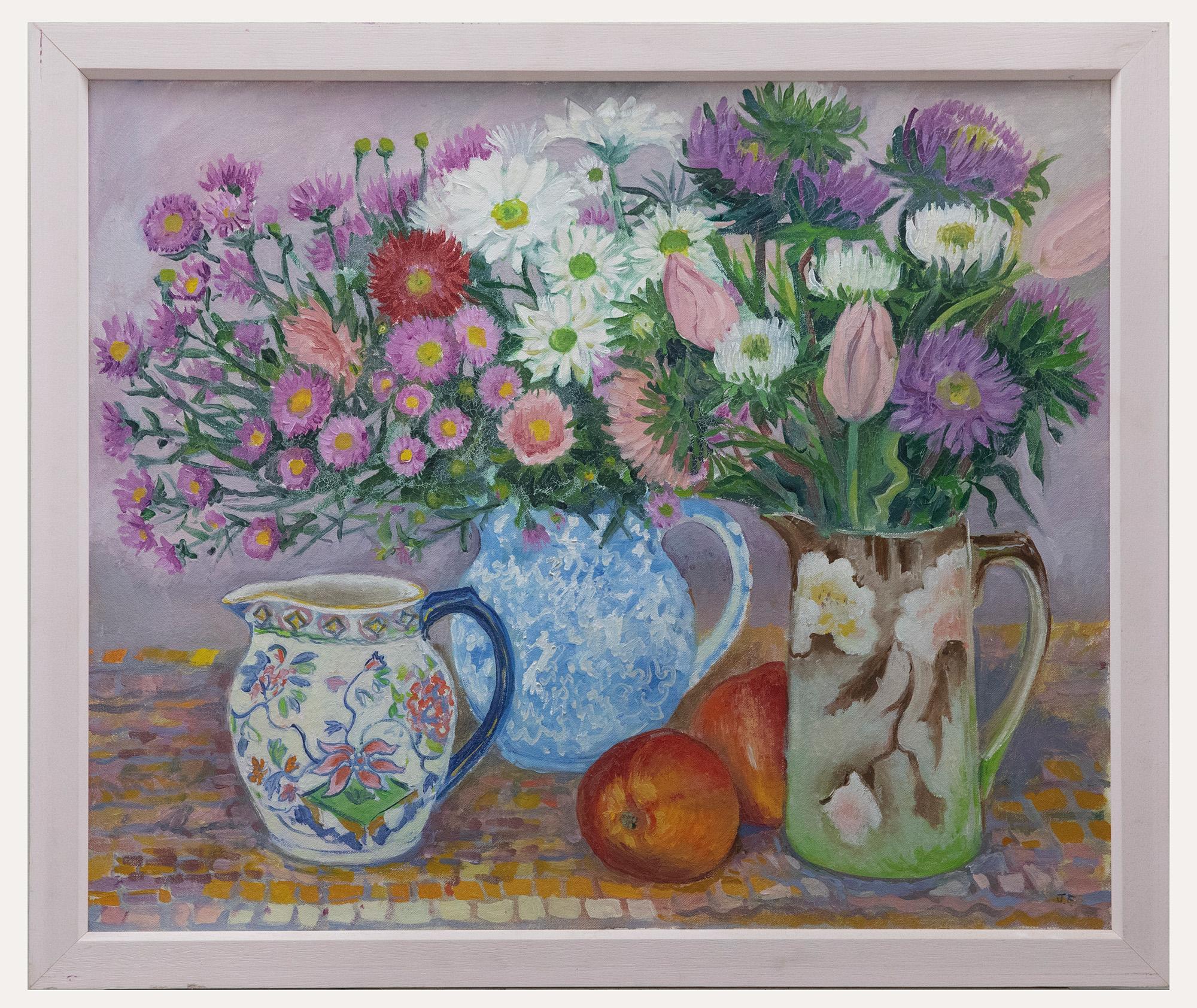 Unknown Still-Life Painting - Janet Foreman - Framed 20th Century Oil, Still life of Flower jugs