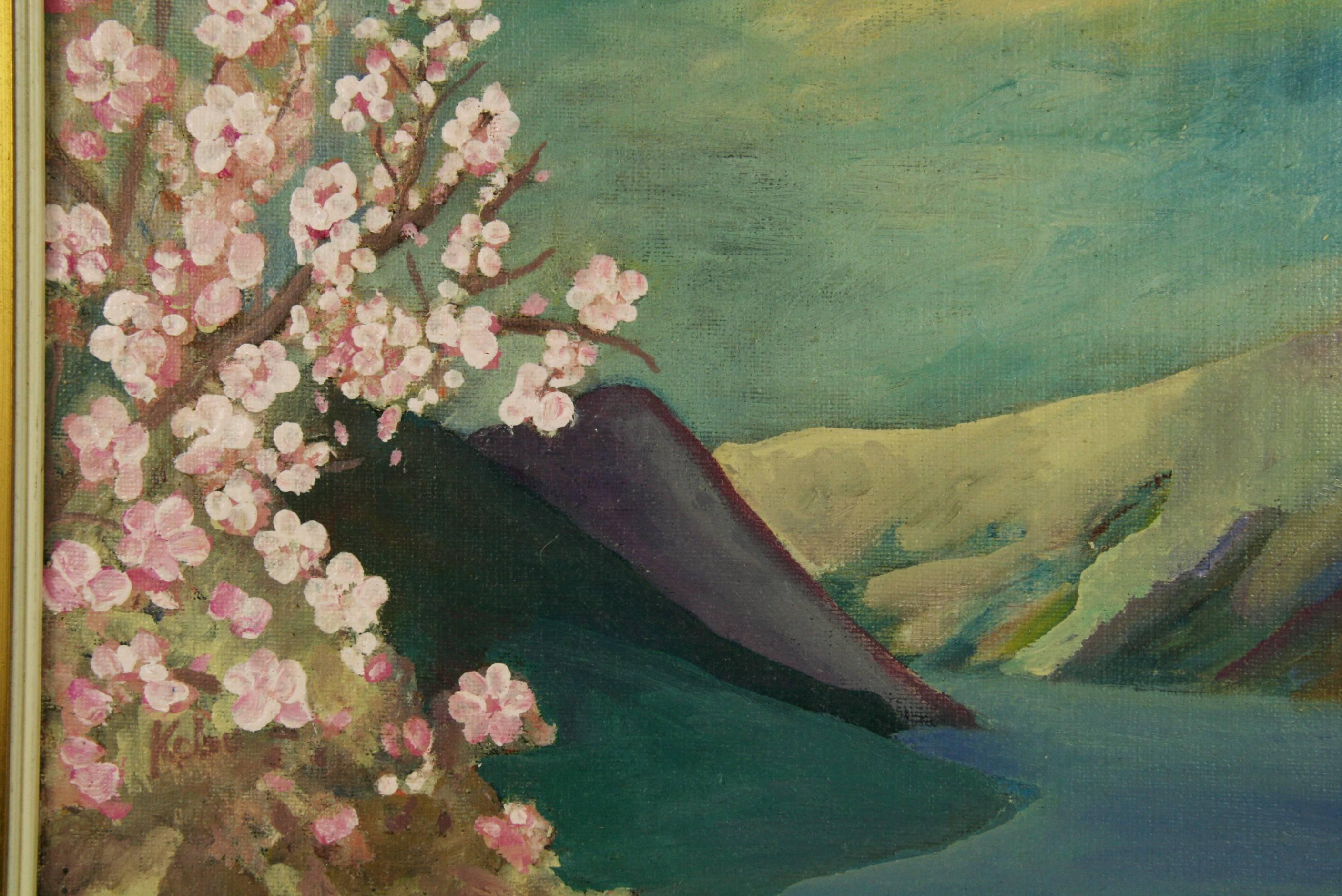 Japanese Cherry Blossoms River View Landscape - Painting by Unknown