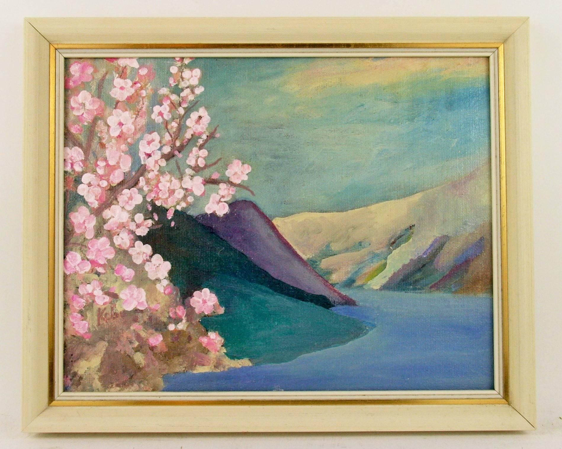 Unknown Landscape Painting - Japanese Cherry Blossoms River View Landscape